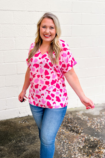Move On Over Cow Print Top, Pink