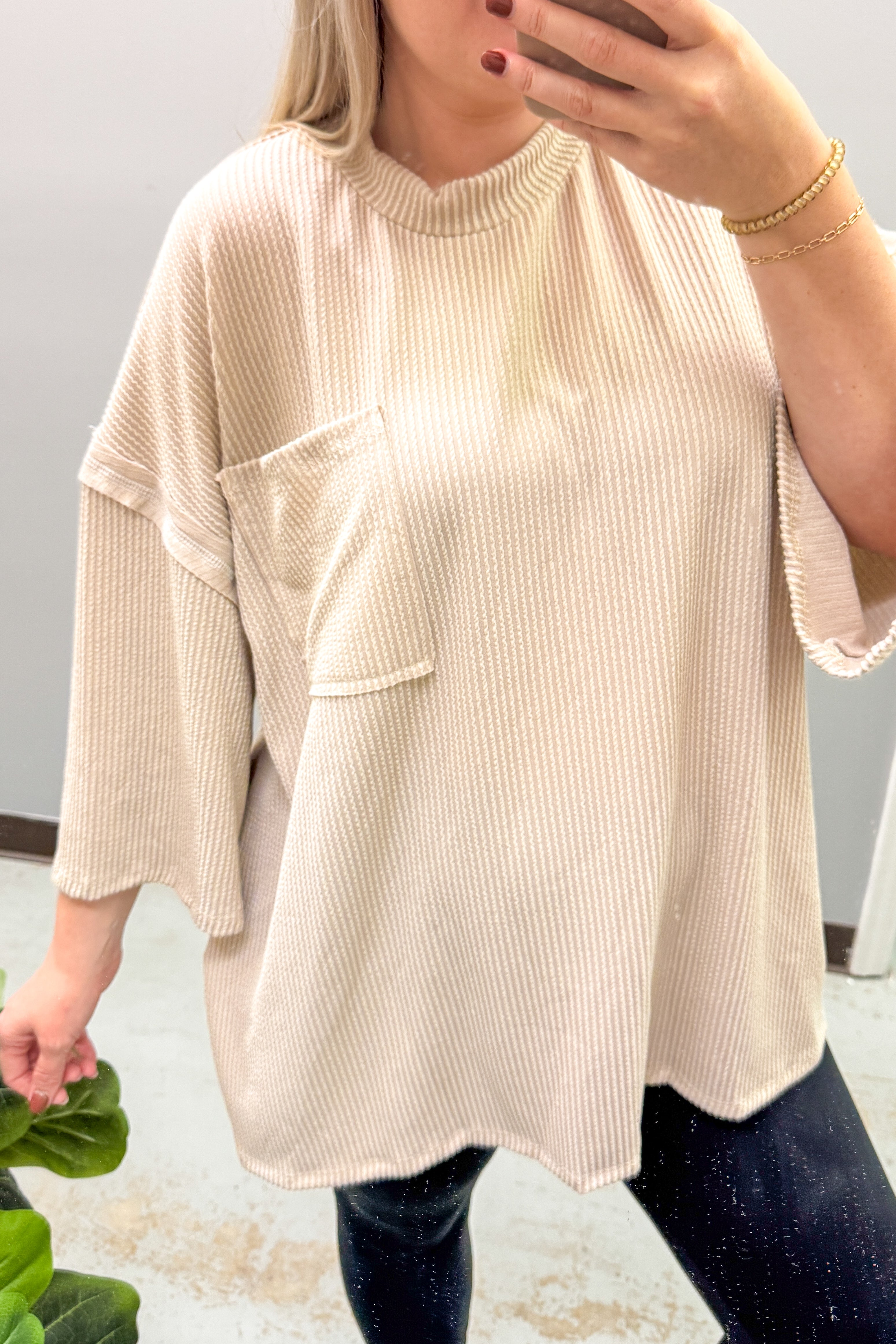 Marcy Oversized Ribbed Tunic Top, Taupe