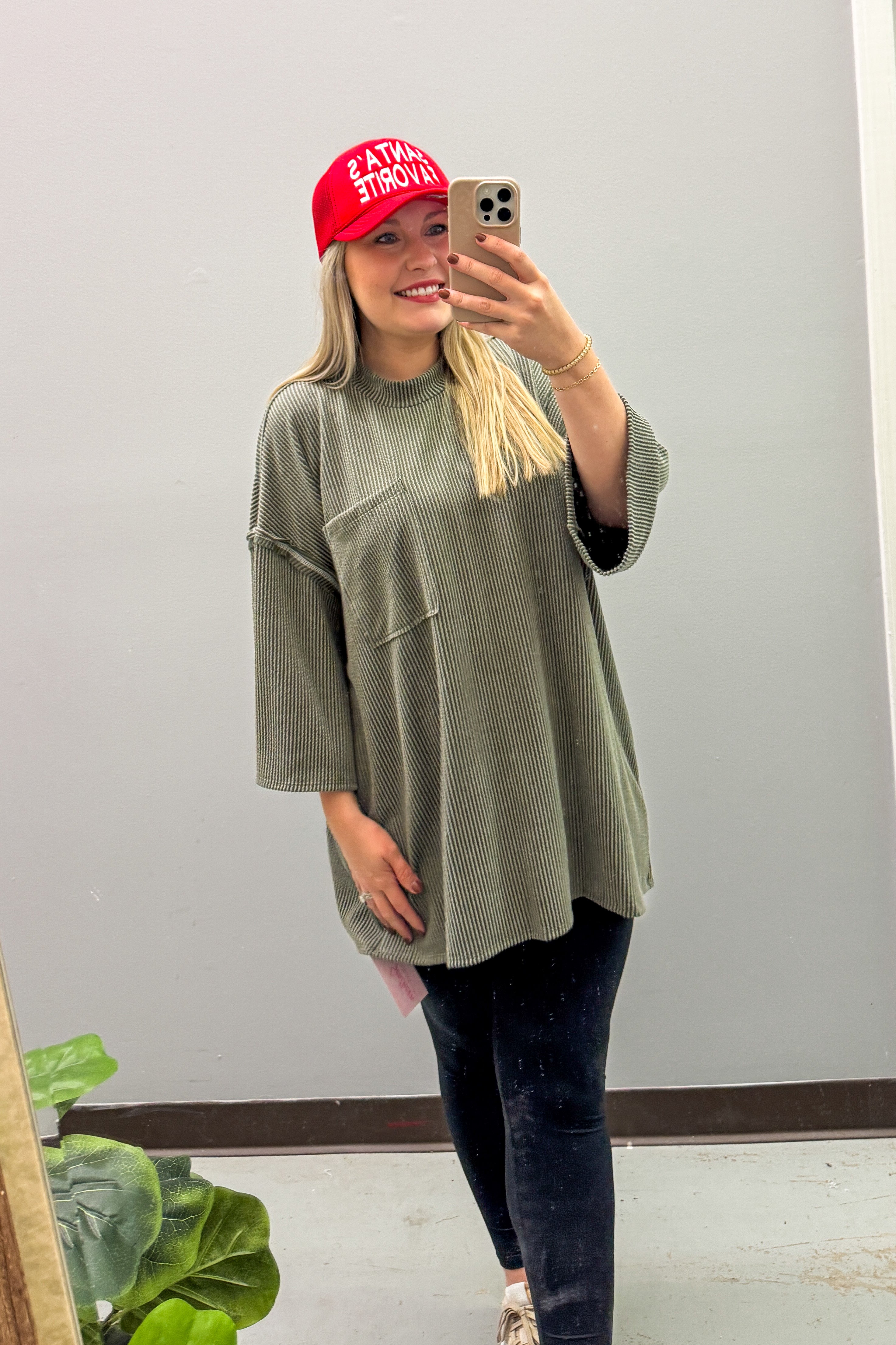 Marcy Oversized Ribbed Tunic Top, Olive