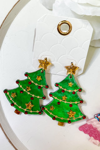 Resin Christmas Tree Drop Earrings, Green