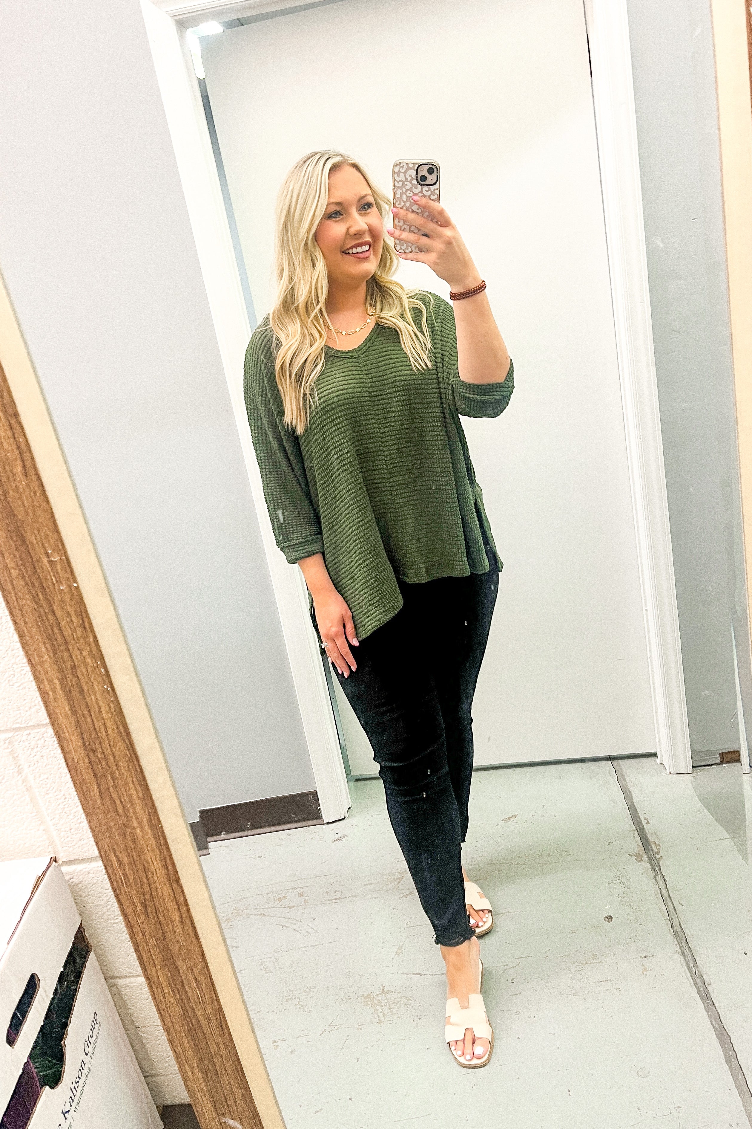 RESTOCK | Kylan Waffle Knit Top, Dark Olive