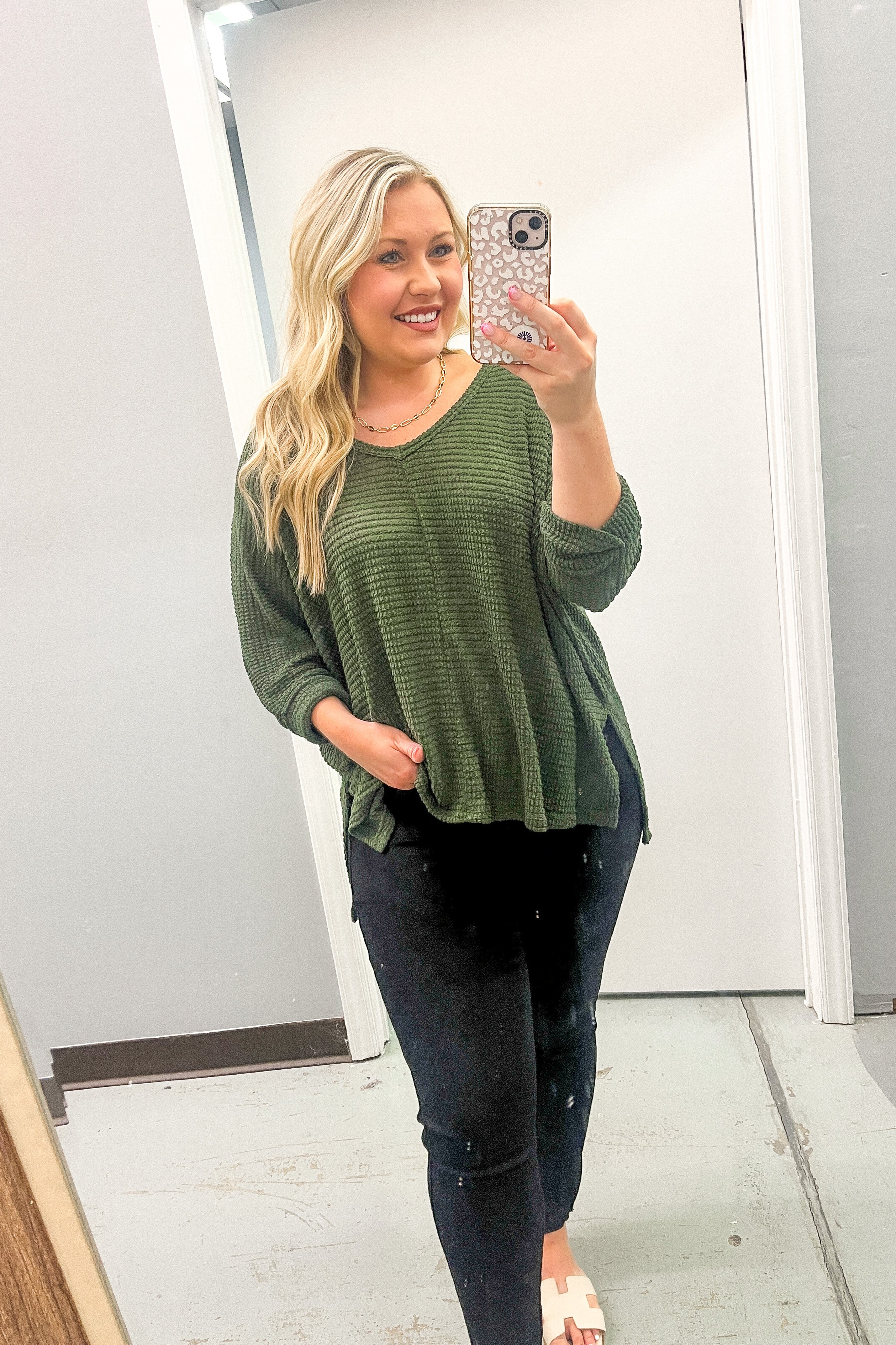 RESTOCK | Kylan Waffle Knit Top, Dark Olive