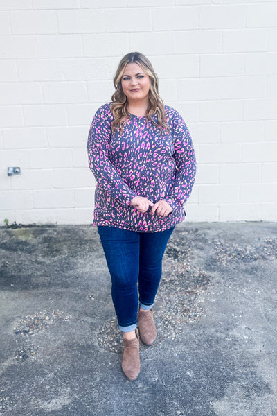 BF DEAL | Wild Thing Leopard Pullover Top, Charcoal/Pink