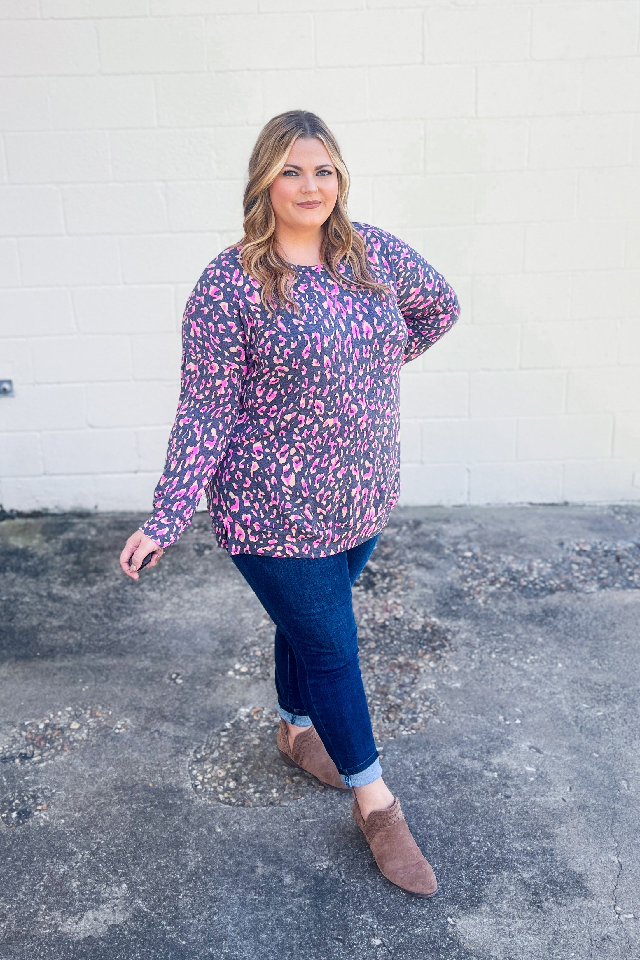 Wild Thing Leopard Pullover Top, Charcoal/Pink