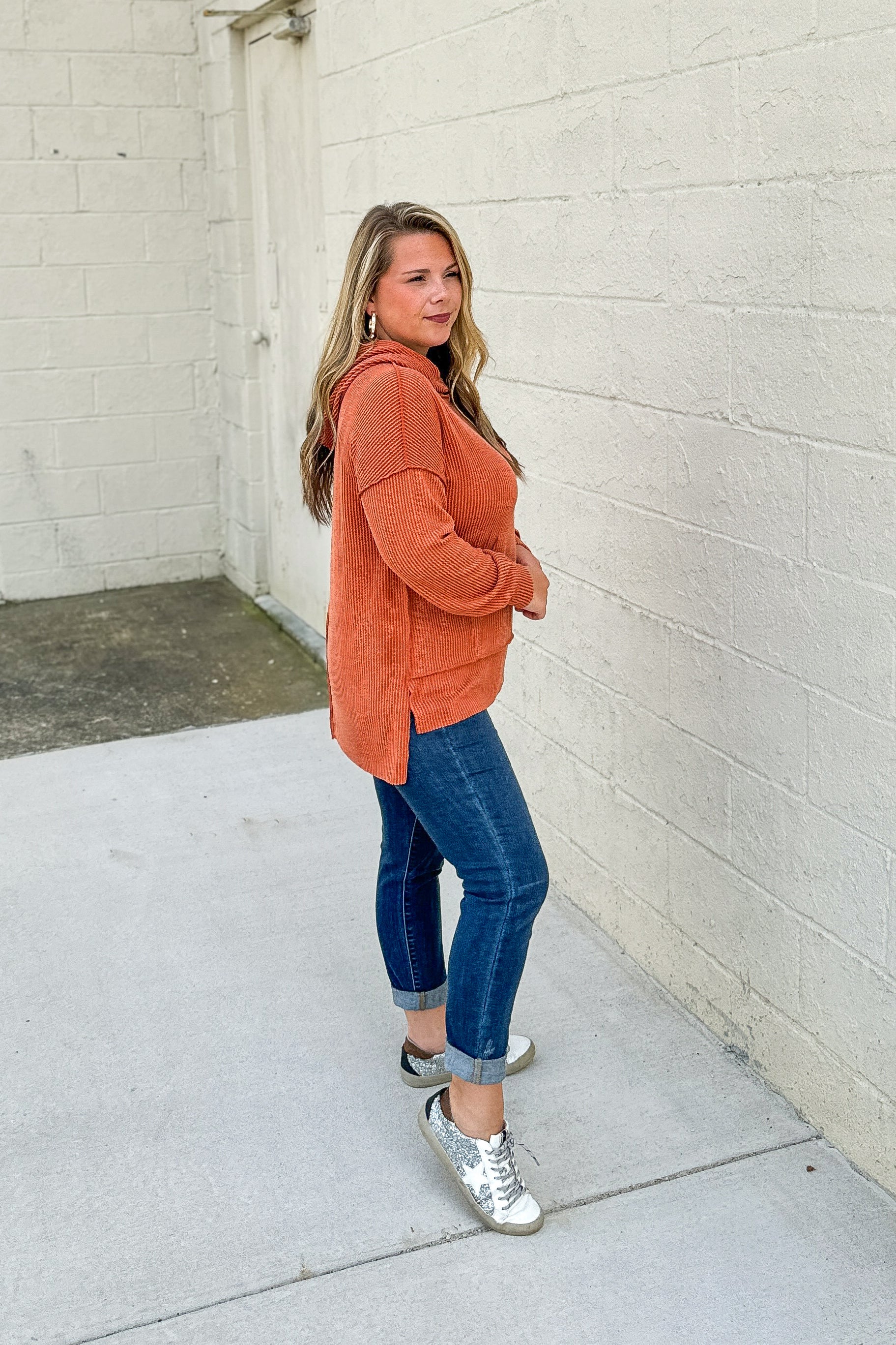 Headed Home Ribbed Hoodie Top, Rust