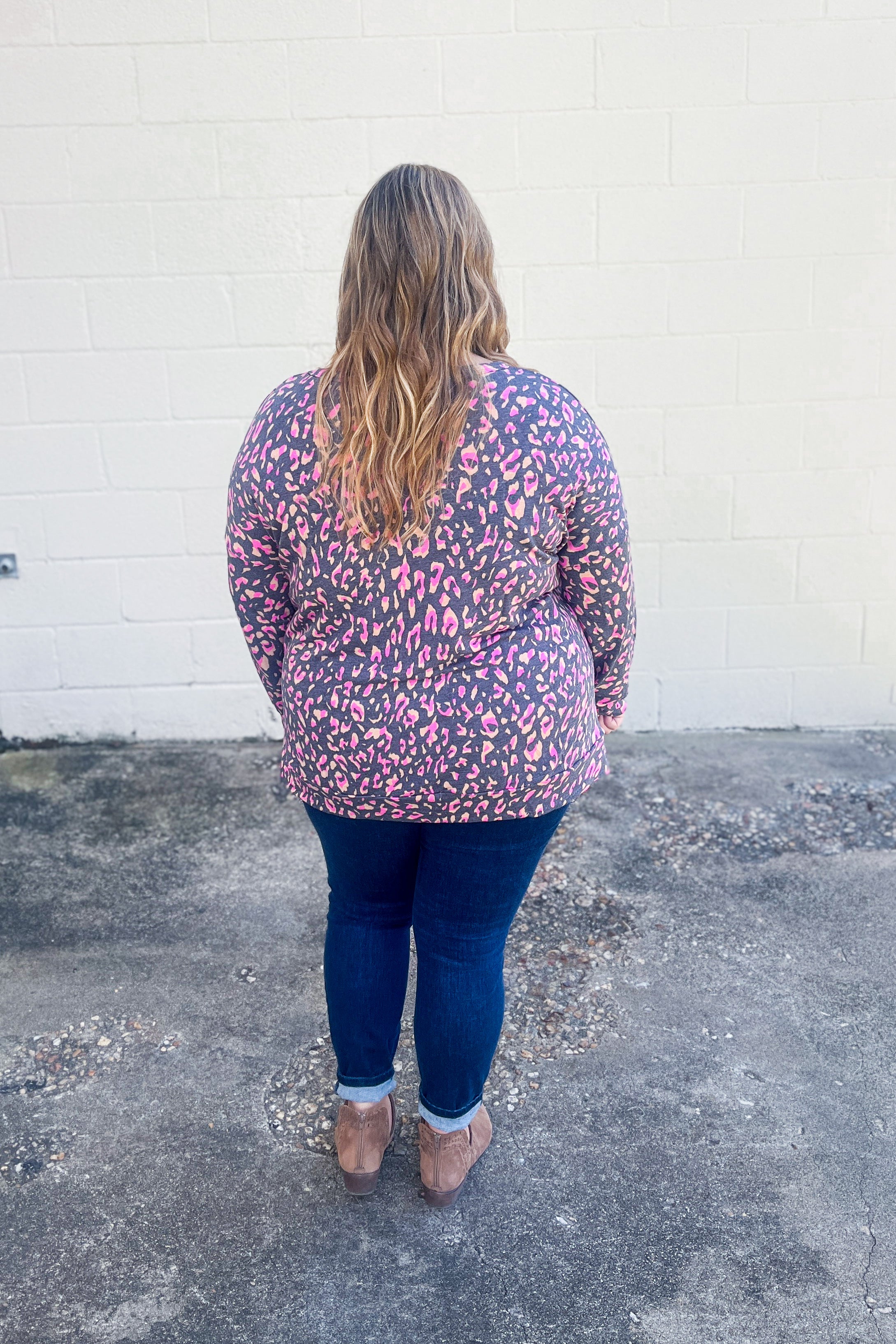 Wild Thing Leopard Pullover Top, Charcoal/Pink