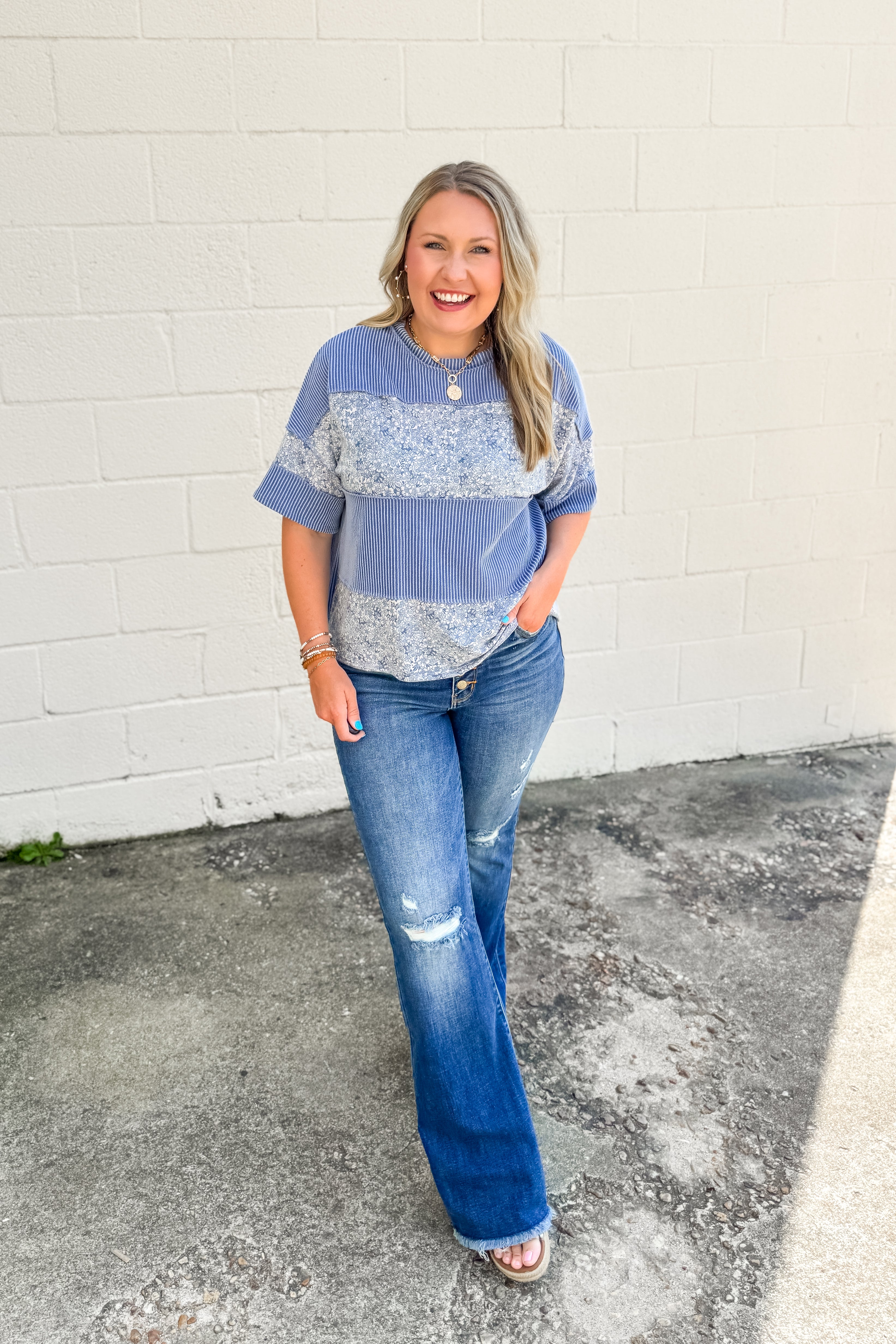 Blue Skies & Blooms Color Block Top