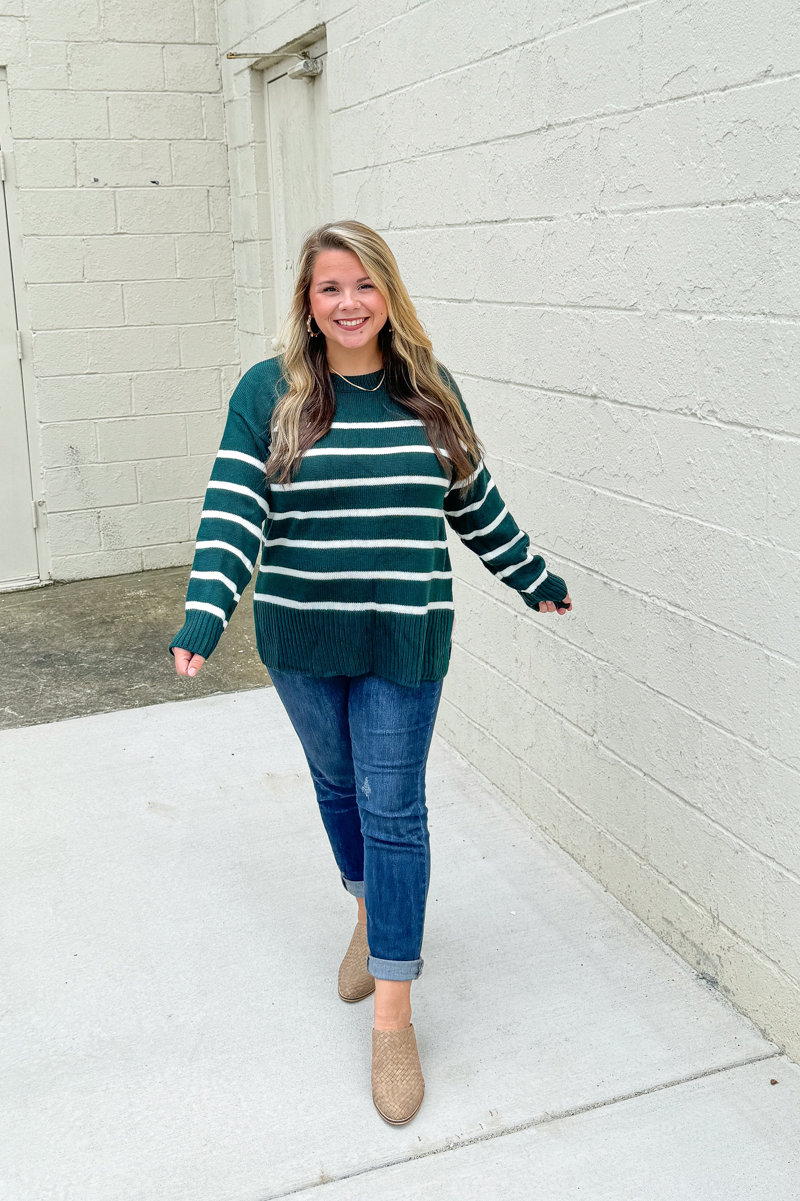 With Love Stripe Sweater Top, Hunter Green