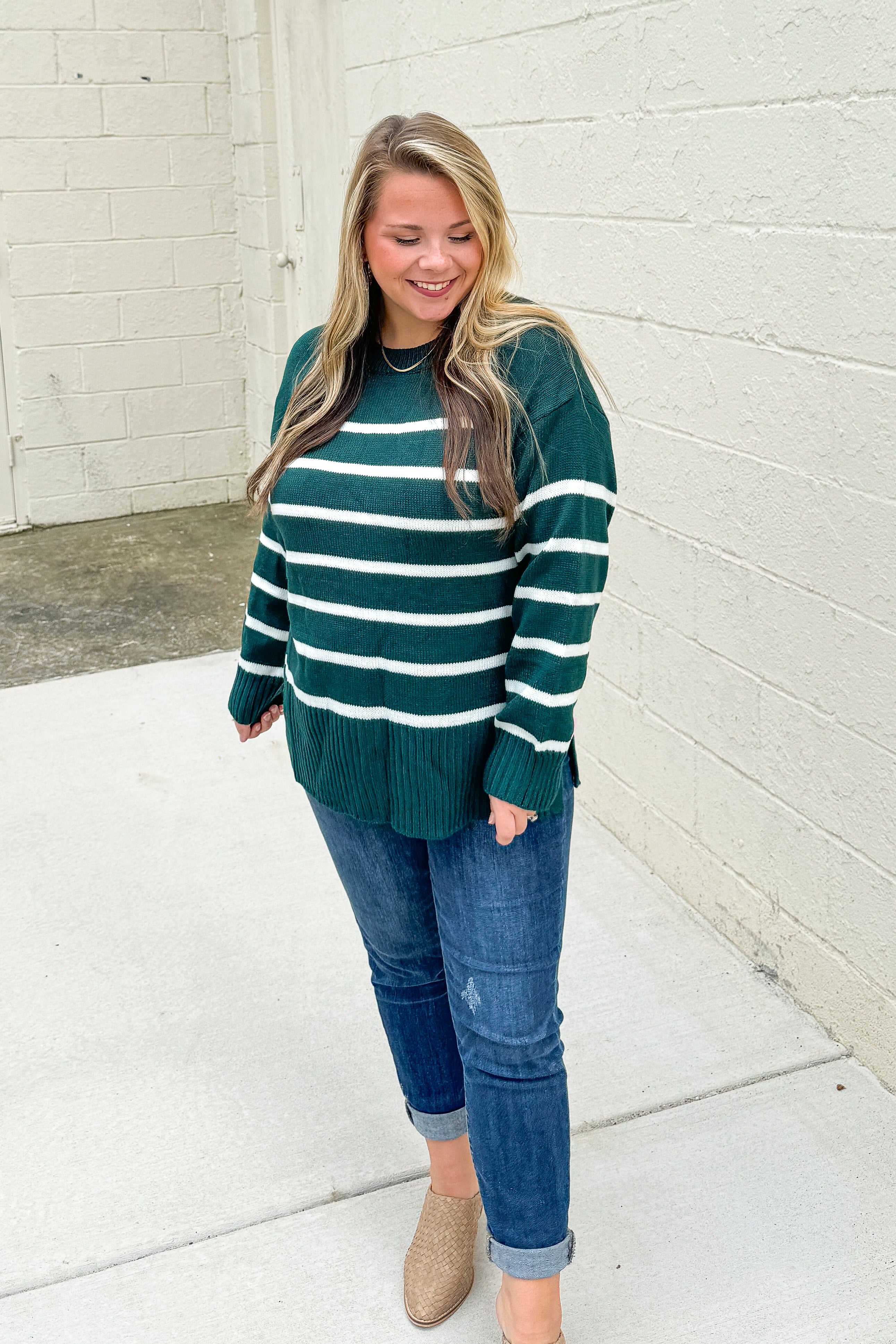 With Love Stripe Sweater Top, Hunter Green