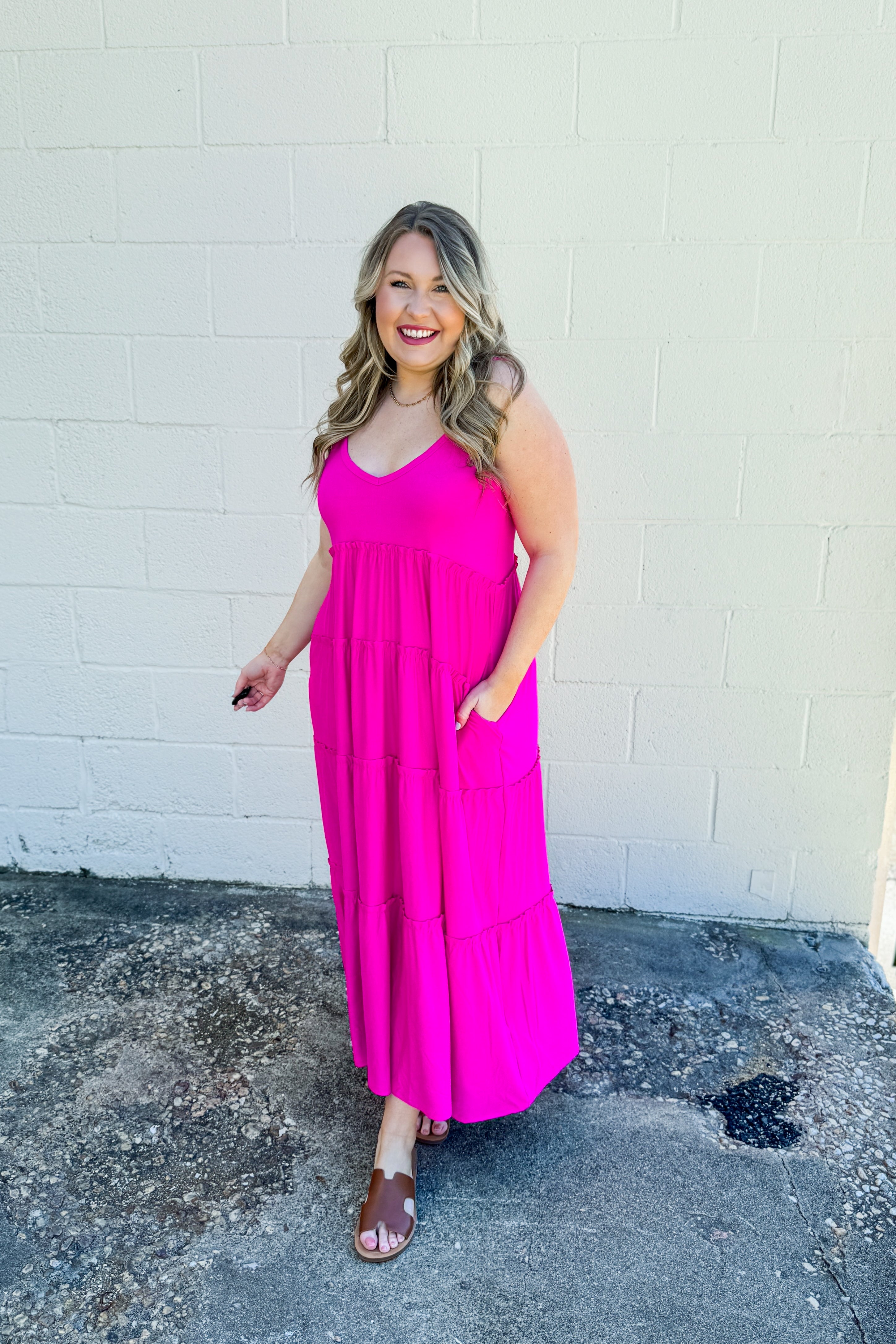 Olivia Tiered Maxi Dress, Hot Pink