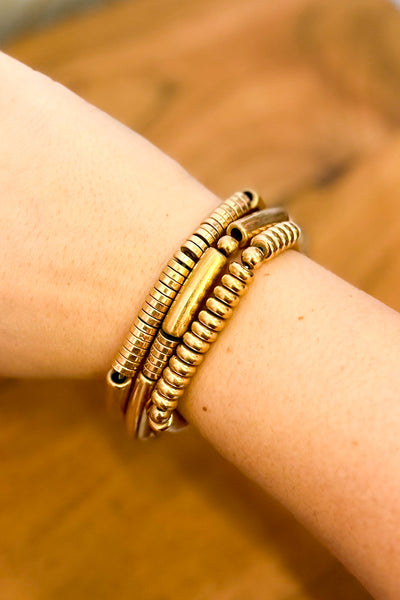 Set of Three Metal Stretch Bracelets with Tube Bead, Gold