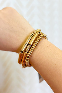 Set of Three Metal Stretch Bracelets with Tube Bead, Gold
