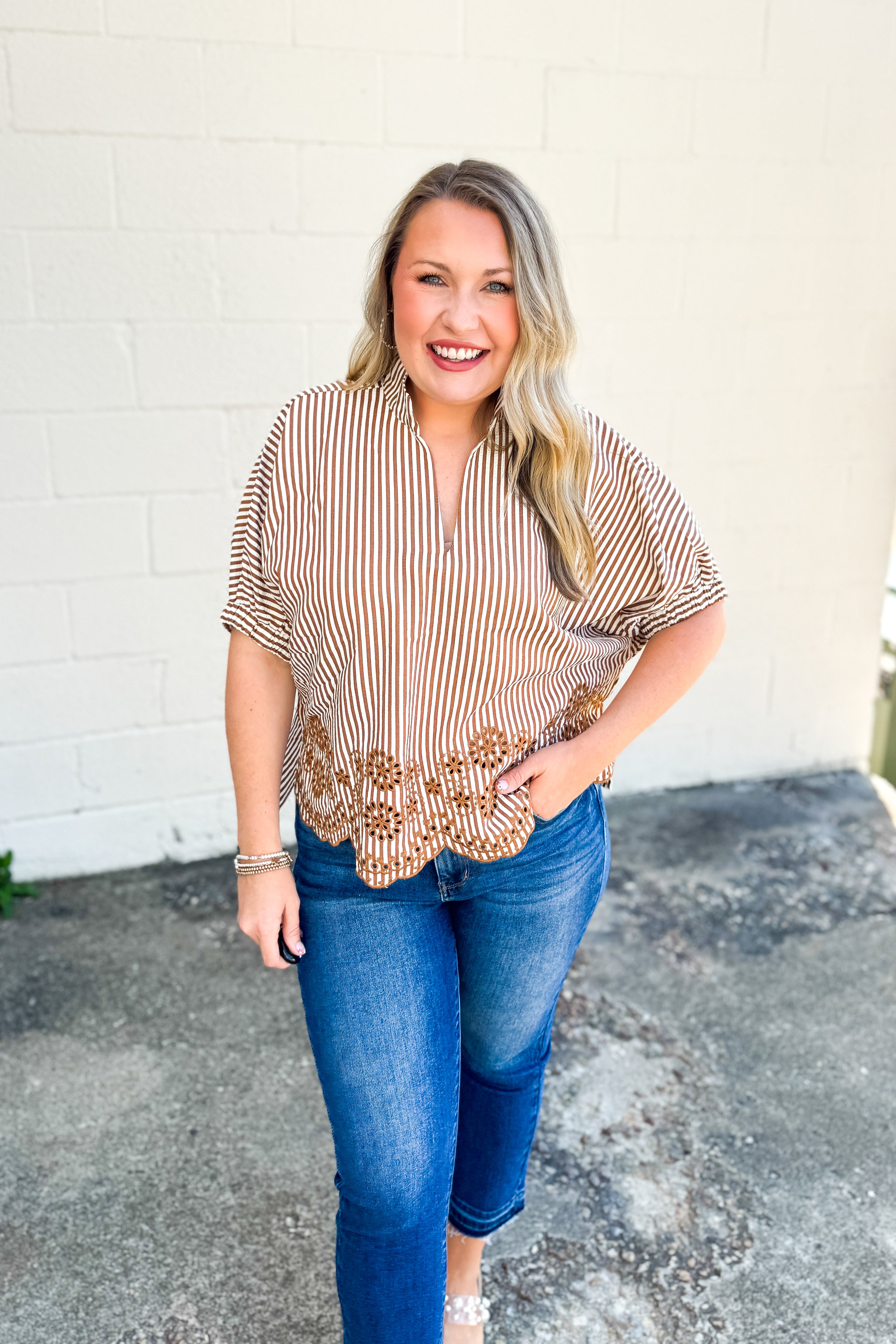 Striped & Sweet Eyelet Hem Blouse Top