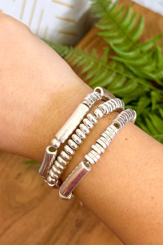 Set of Three Metal Stretch Bracelets with Tube Bead, Silver