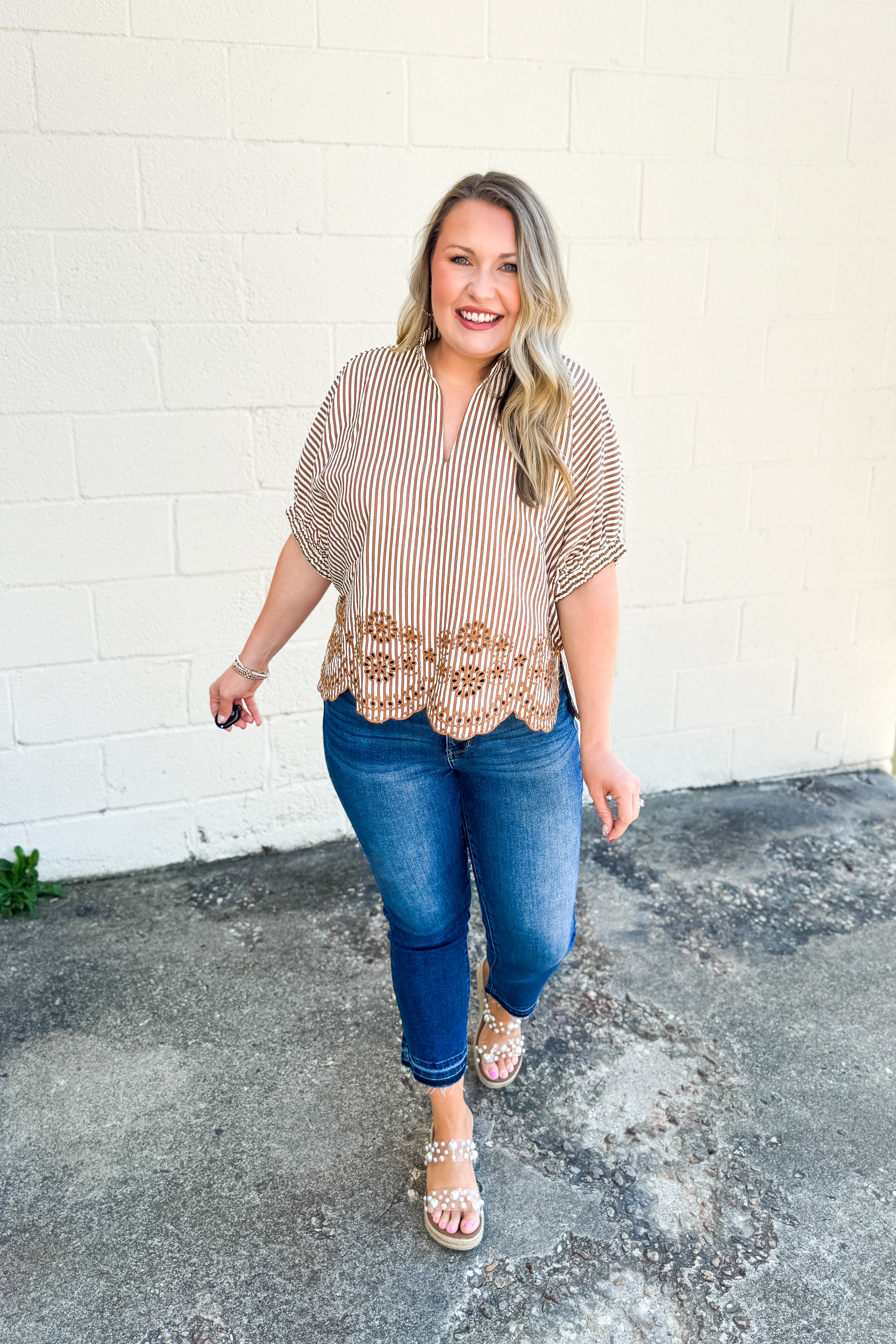 Striped & Sweet Eyelet Hem Blouse Top