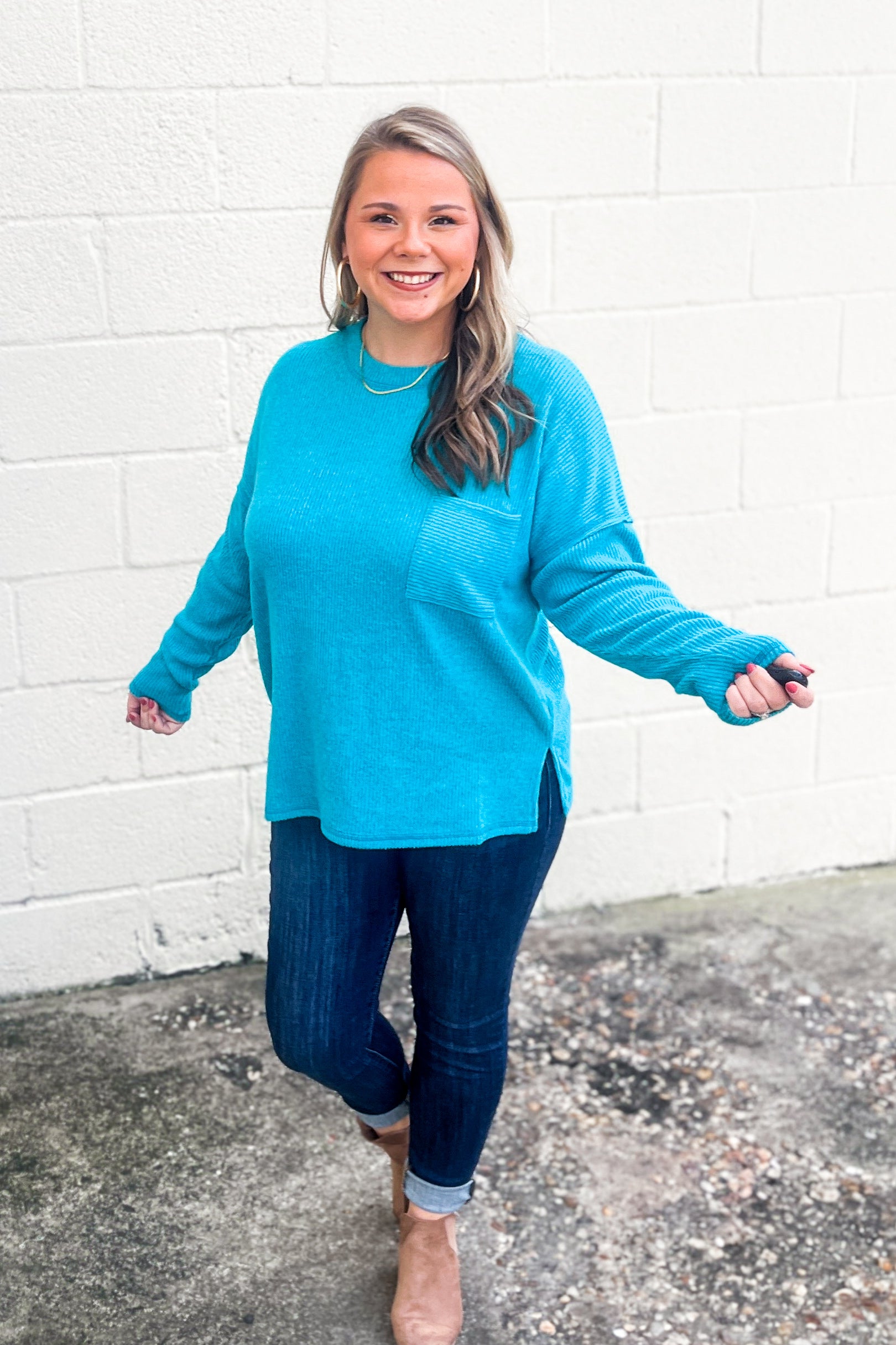 Take Me Away Ribbed Top, Light Teal