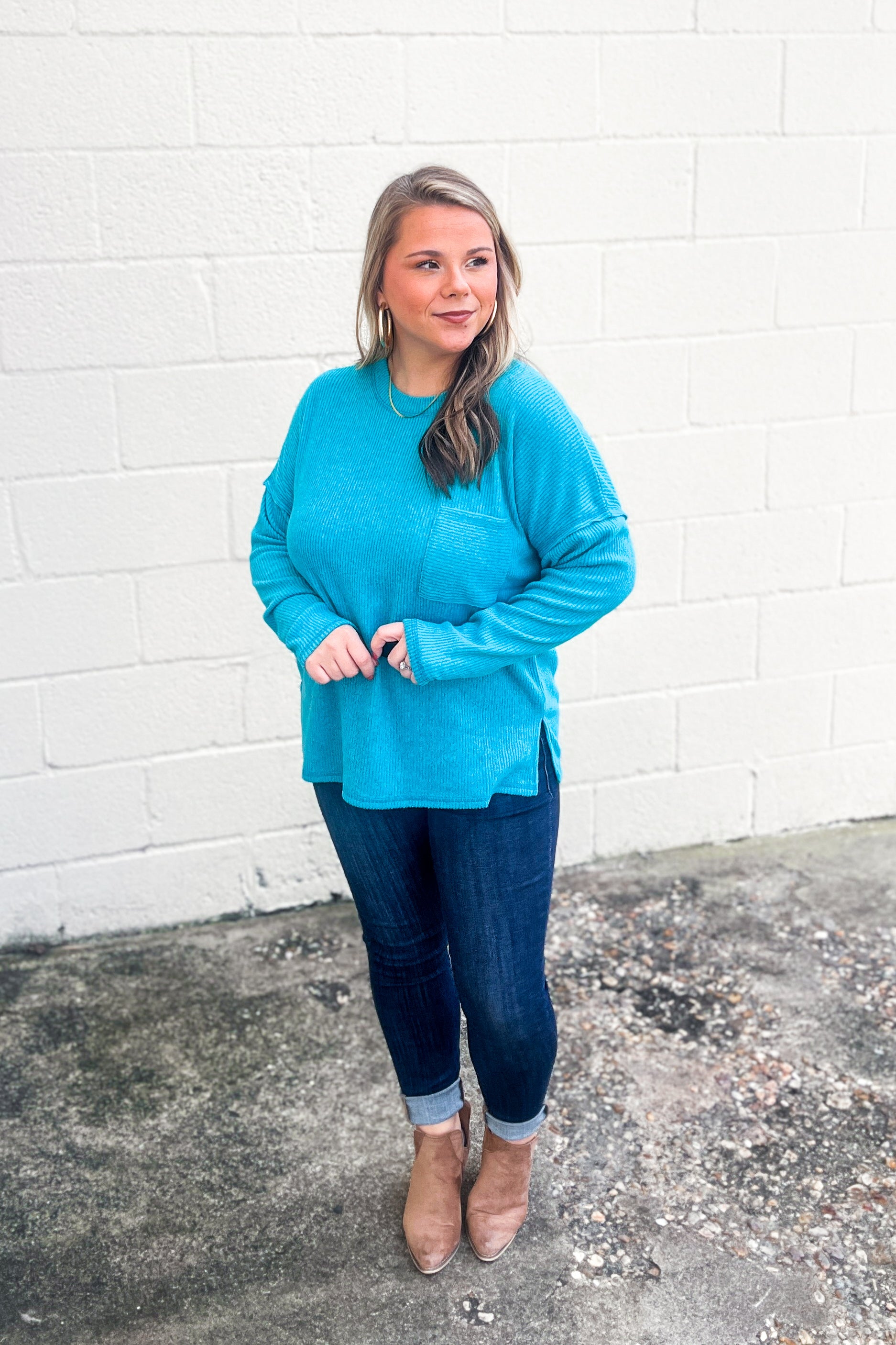 Take Me Away Ribbed Top, Light Teal