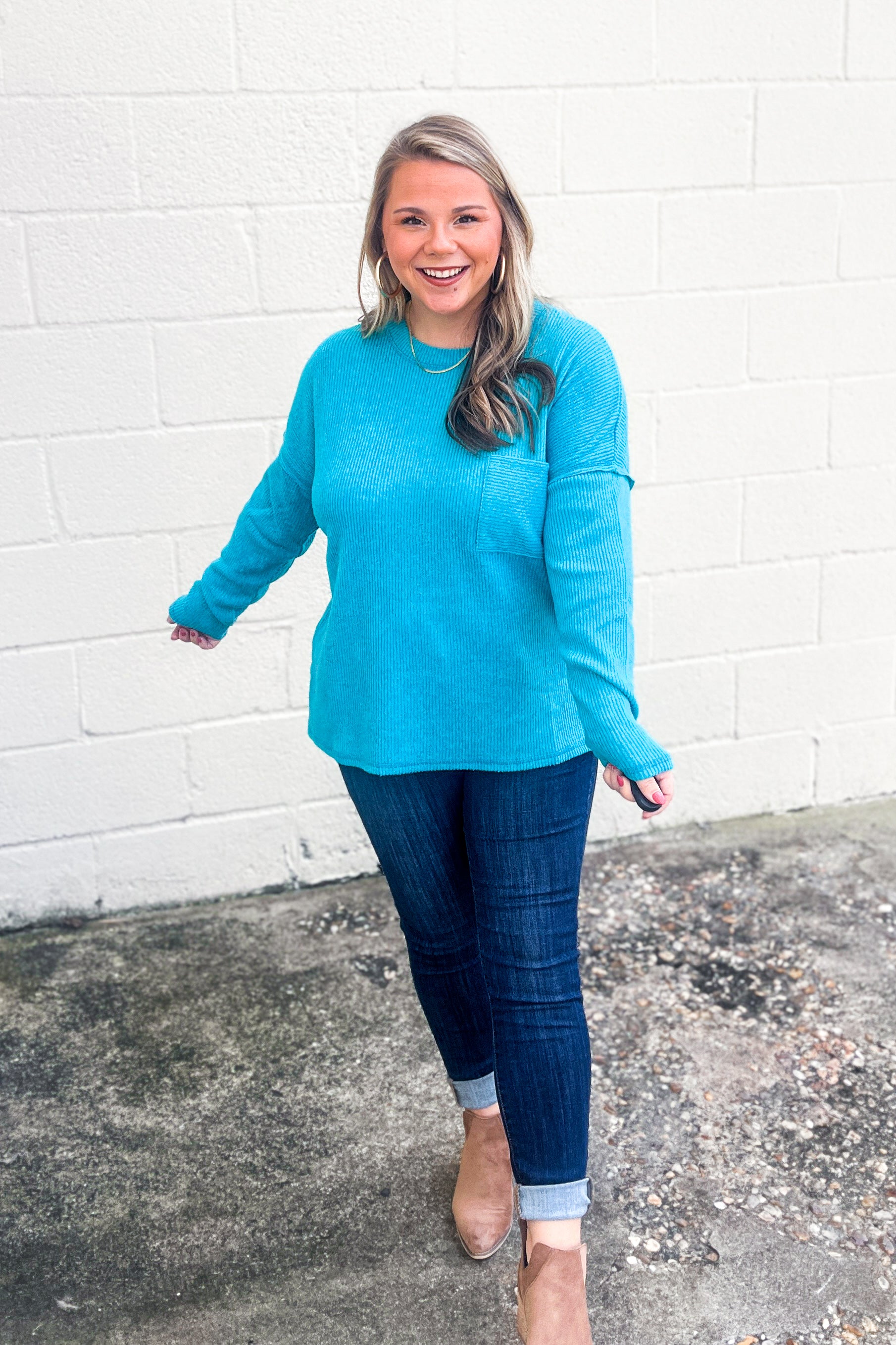 Take Me Away Ribbed Top, Light Teal