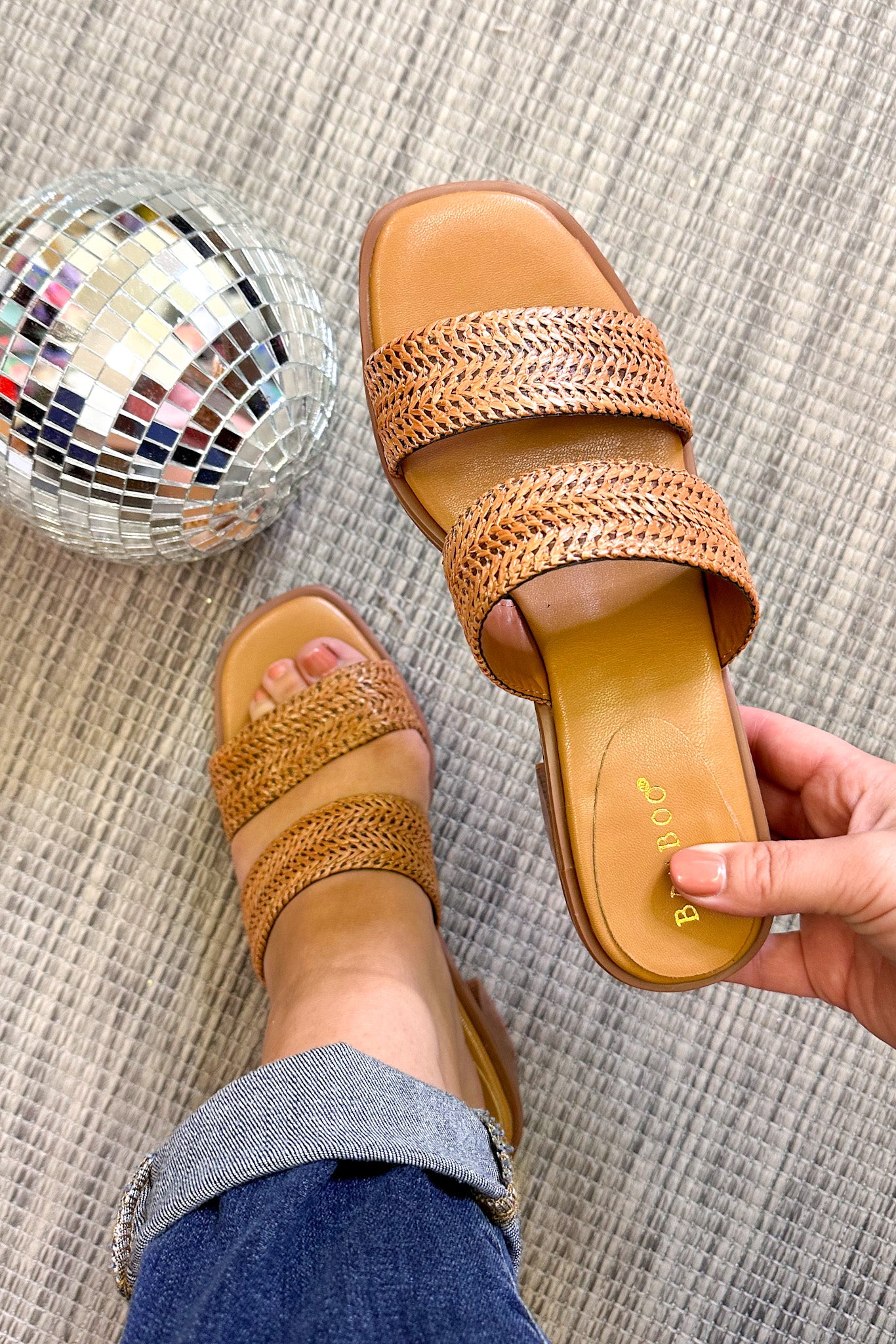 Intermix Raffia Heel Sandals, Cognac