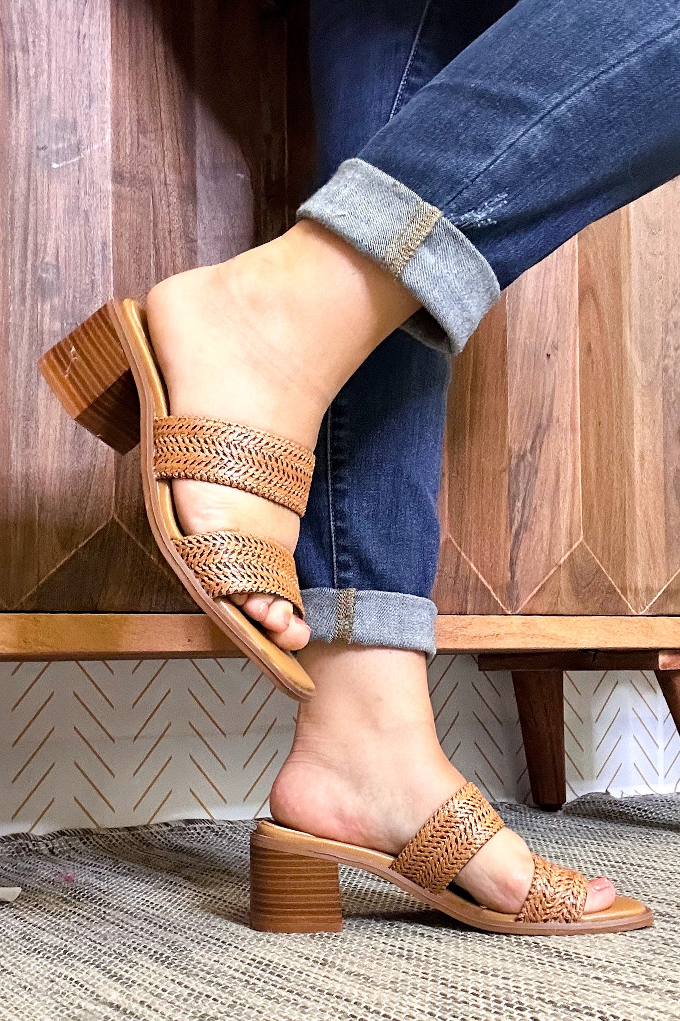 Intermix Raffia Heel Sandals, Cognac