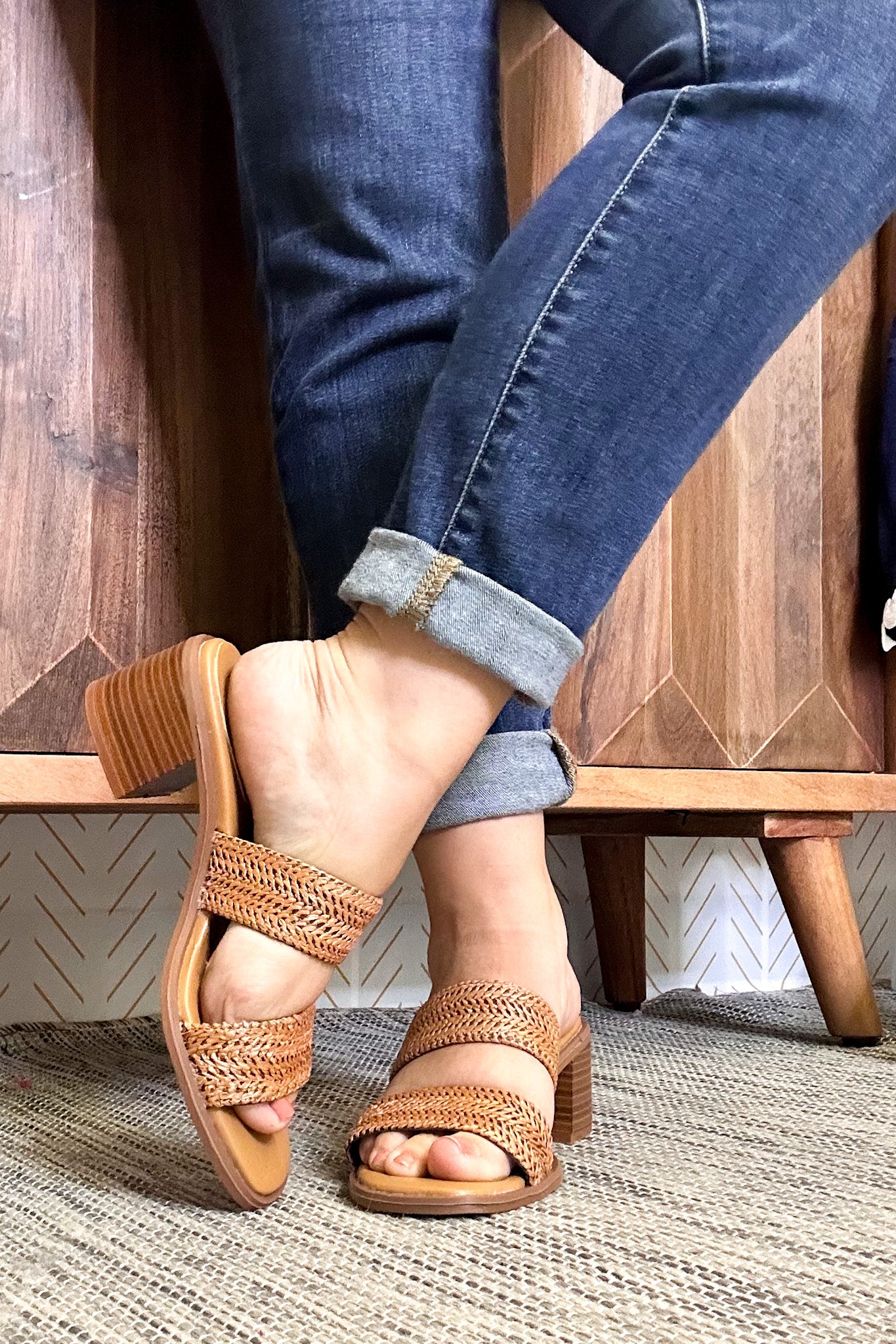 Intermix Raffia Heel Sandals, Cognac