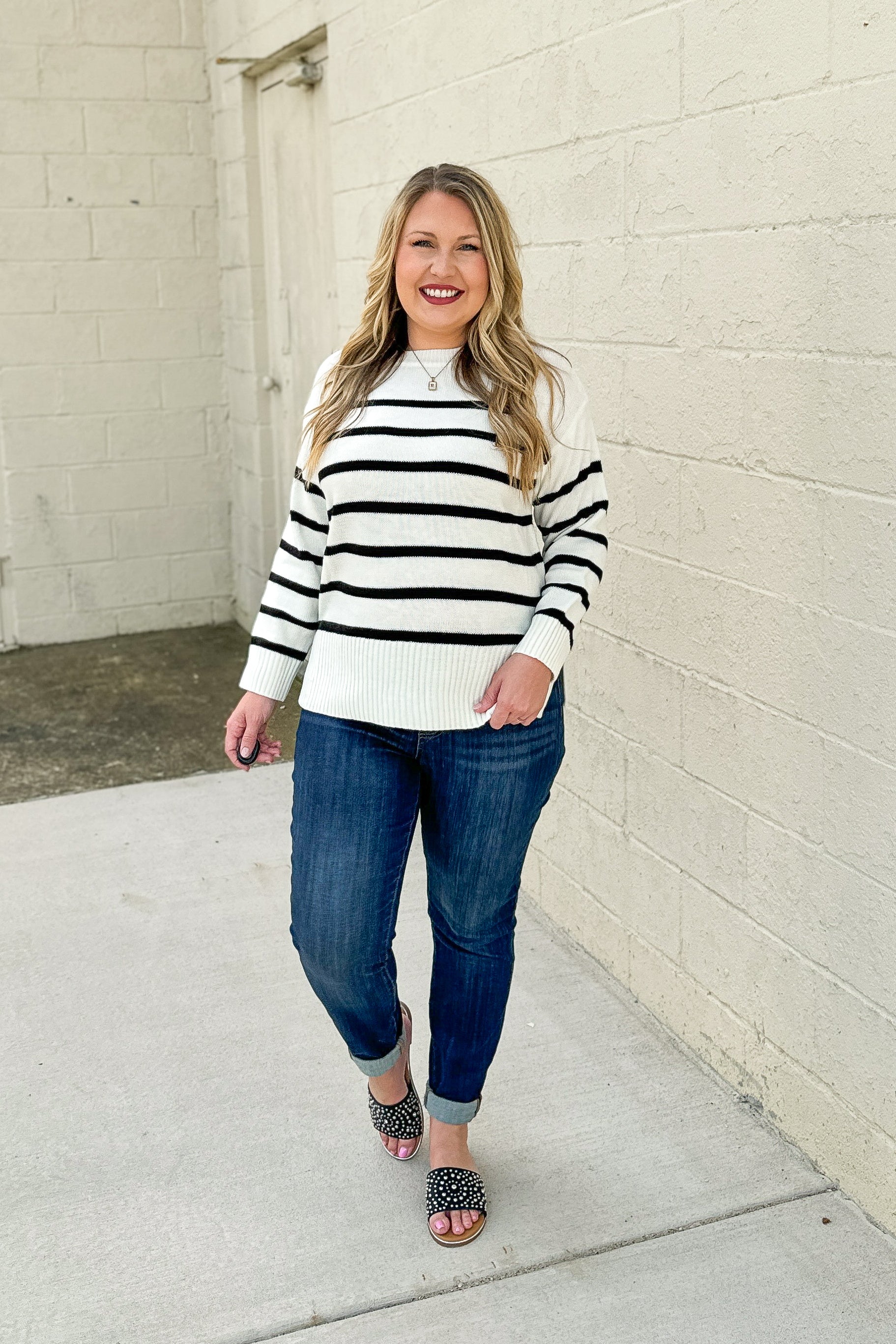 With Love Stripe Sweater Top, Ivory/Black