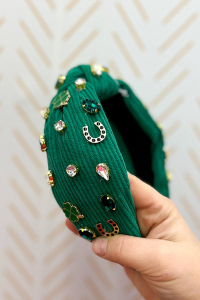 Mixed Media Corduroy Knotted Headband Featuring St. Patrick's Day Charms