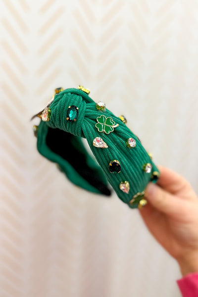 Mixed Media Corduroy Knotted Headband Featuring St. Patrick's Day Charms