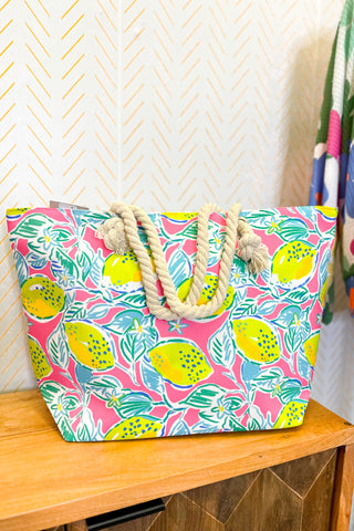 Hand Drawn Lime Print Tote Bag With Soft Rope Handle