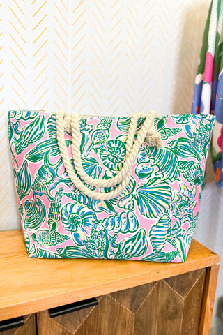 Hand Drawn Shell Print Tote Bag With Soft Rope Handle