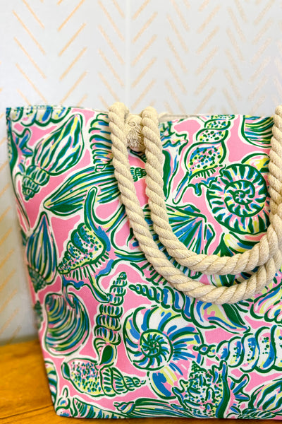Hand Drawn Shell Print Tote Bag With Soft Rope Handle