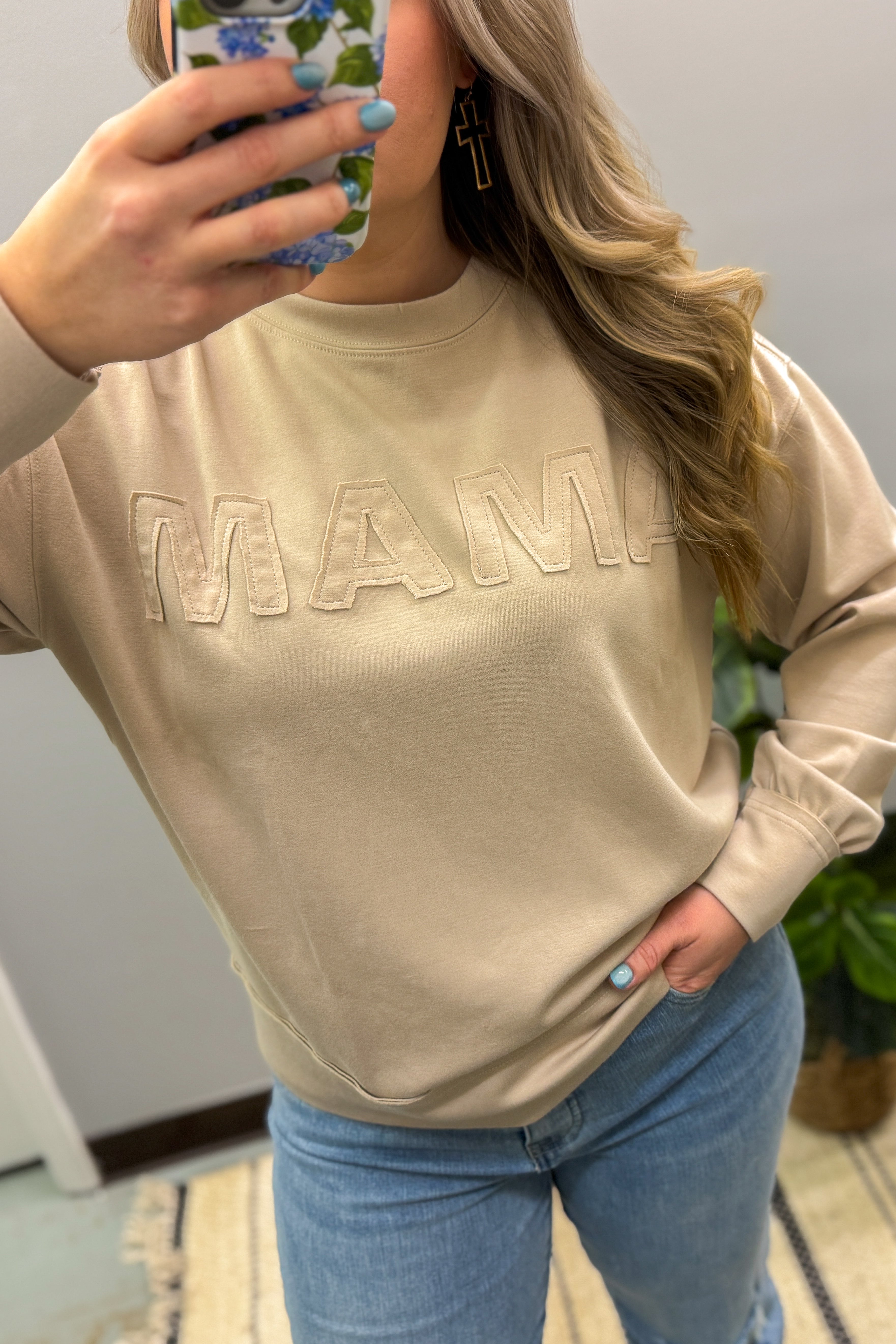 Mama Lettered Crewneck Pullover, Beige