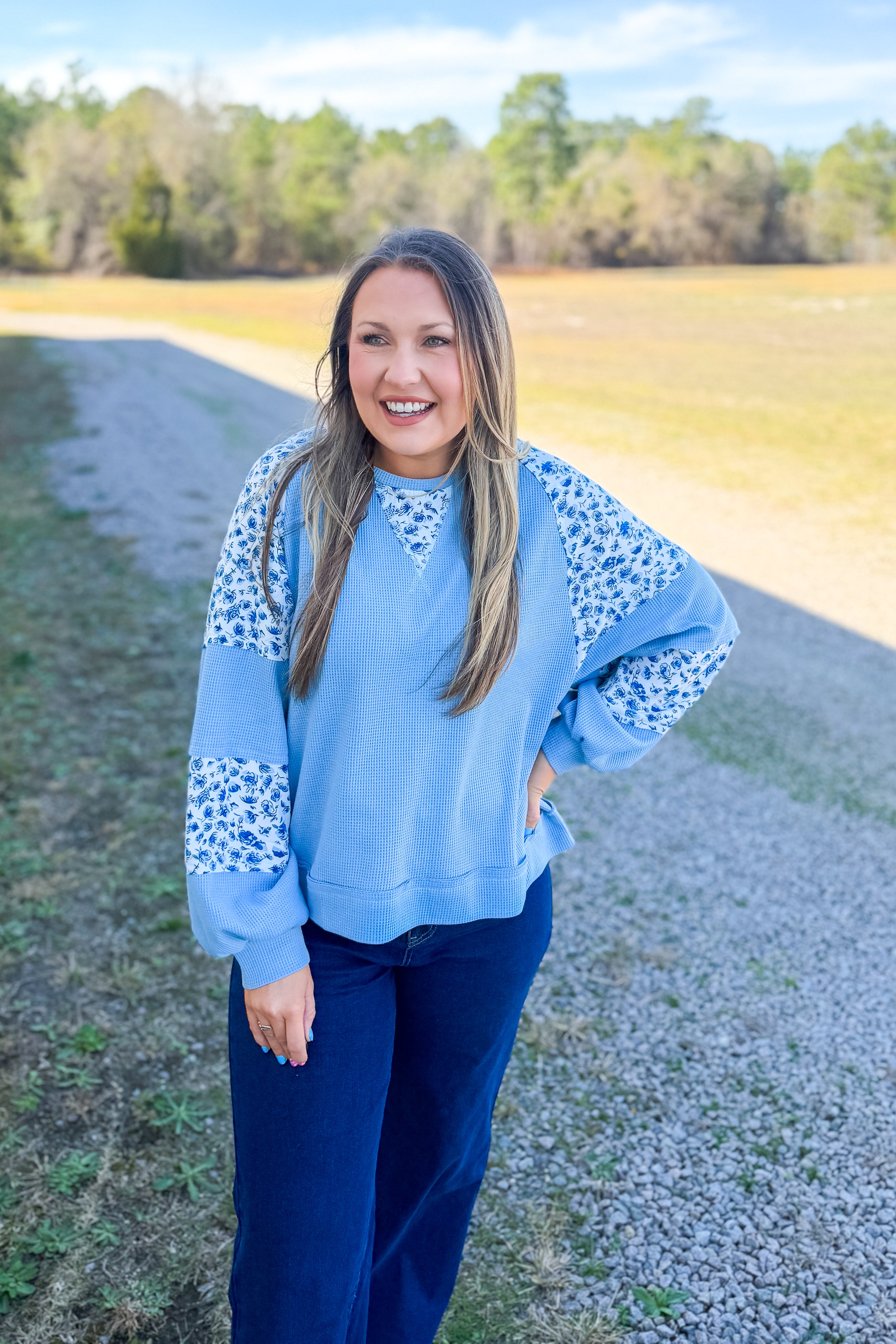 Blushing Garden Waffle Top, Blue