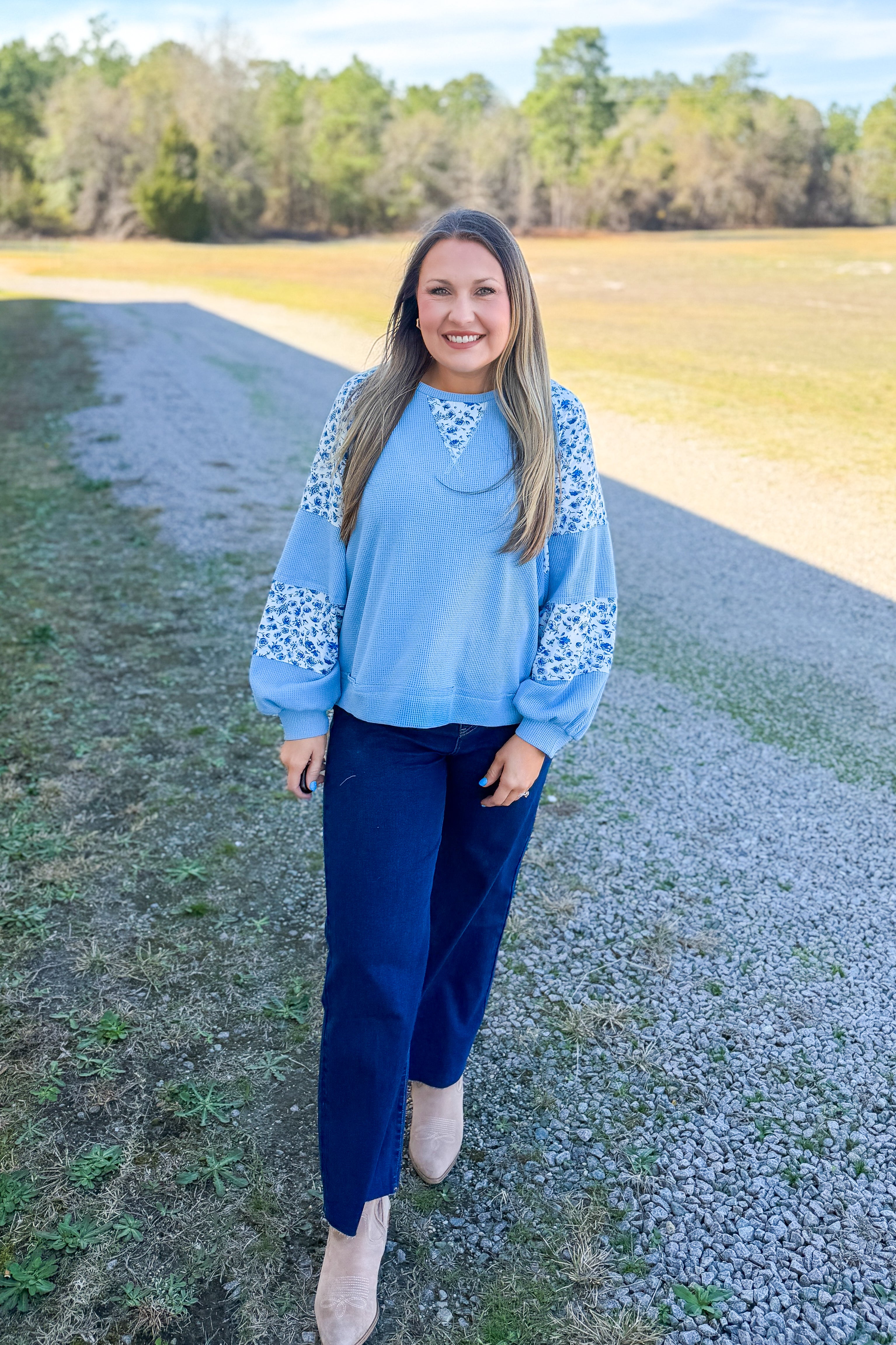 Blushing Garden Waffle Top, Blue