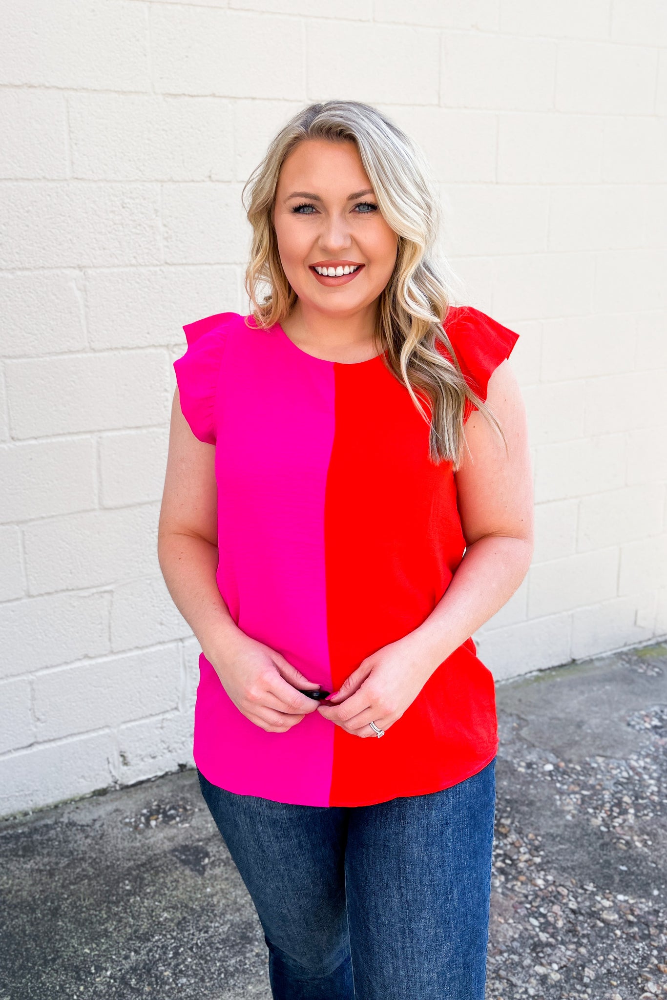 Blocked Off Color Block Top, Fuchsia/Coral