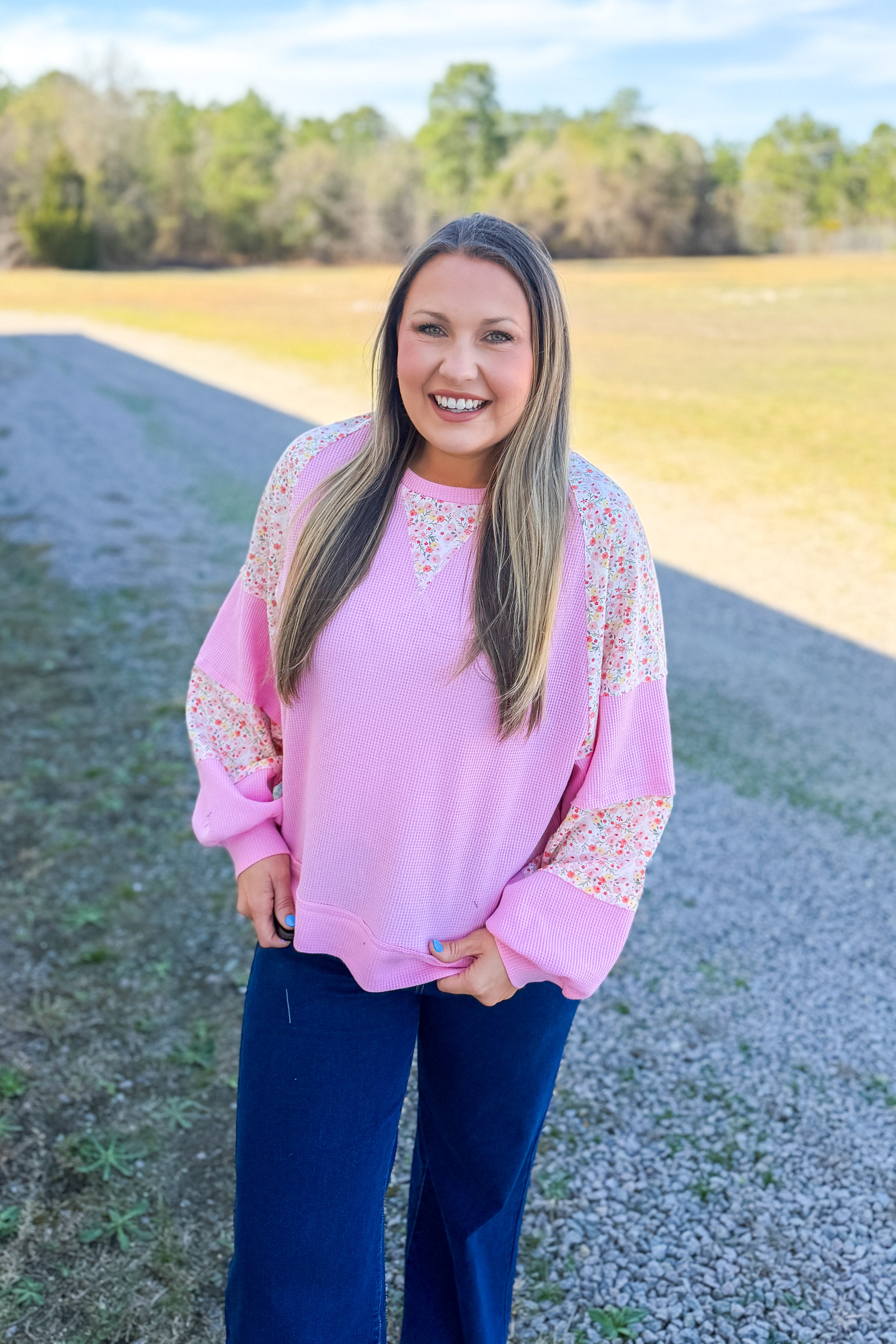 Blushing Garden Waffle Top, Pink