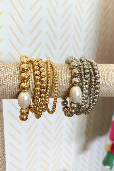 Set of Five Polished Metal Beaded Bracelet With Pearl Station, Gold