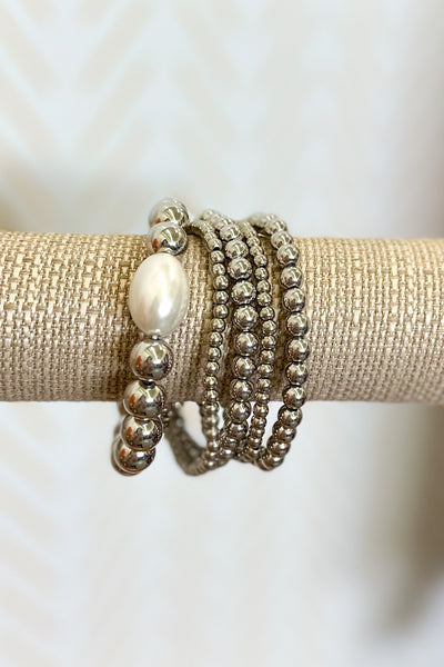Set of Five Polished Metal Beaded Bracelet With Pearl Station, Silver