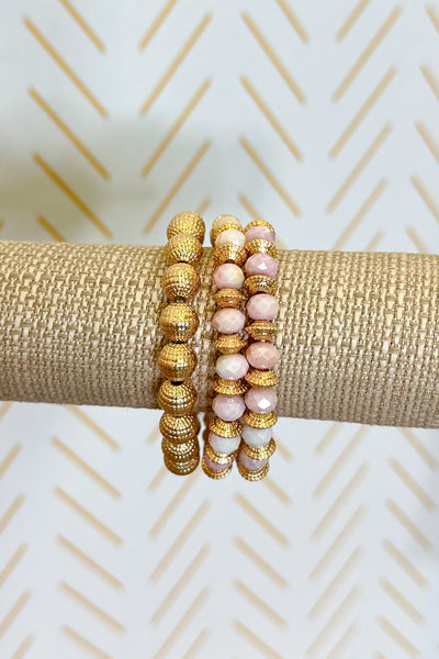 Set of Three Beaded Stretch Bracelets Featuring Dimpled Details, Pink
