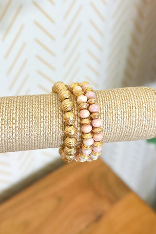 Set of Three Beaded Stretch Bracelets Featuring Dimpled Details, Pink