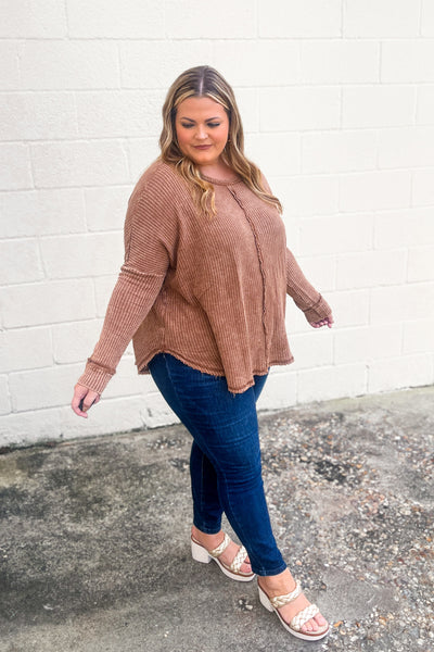 Get Up And Go Waffle Knit Top, Dark Camel