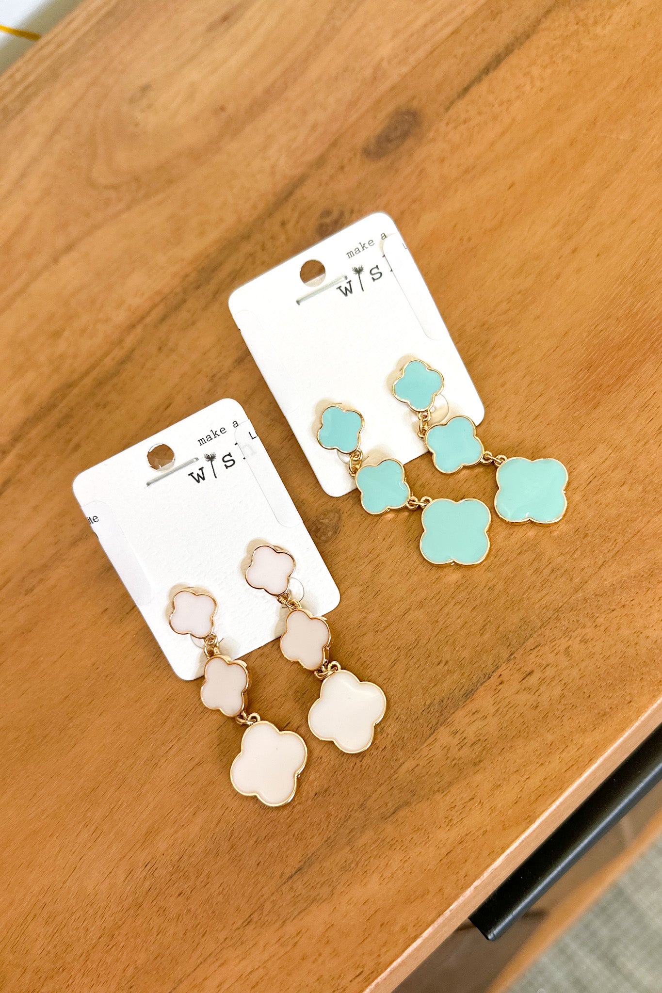 Linked Enamel Clover Drop Earrings, Light Blue