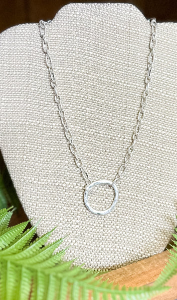 RESTOCK | Short Chain Link Necklace Featuring Hammered Pendant, Silver