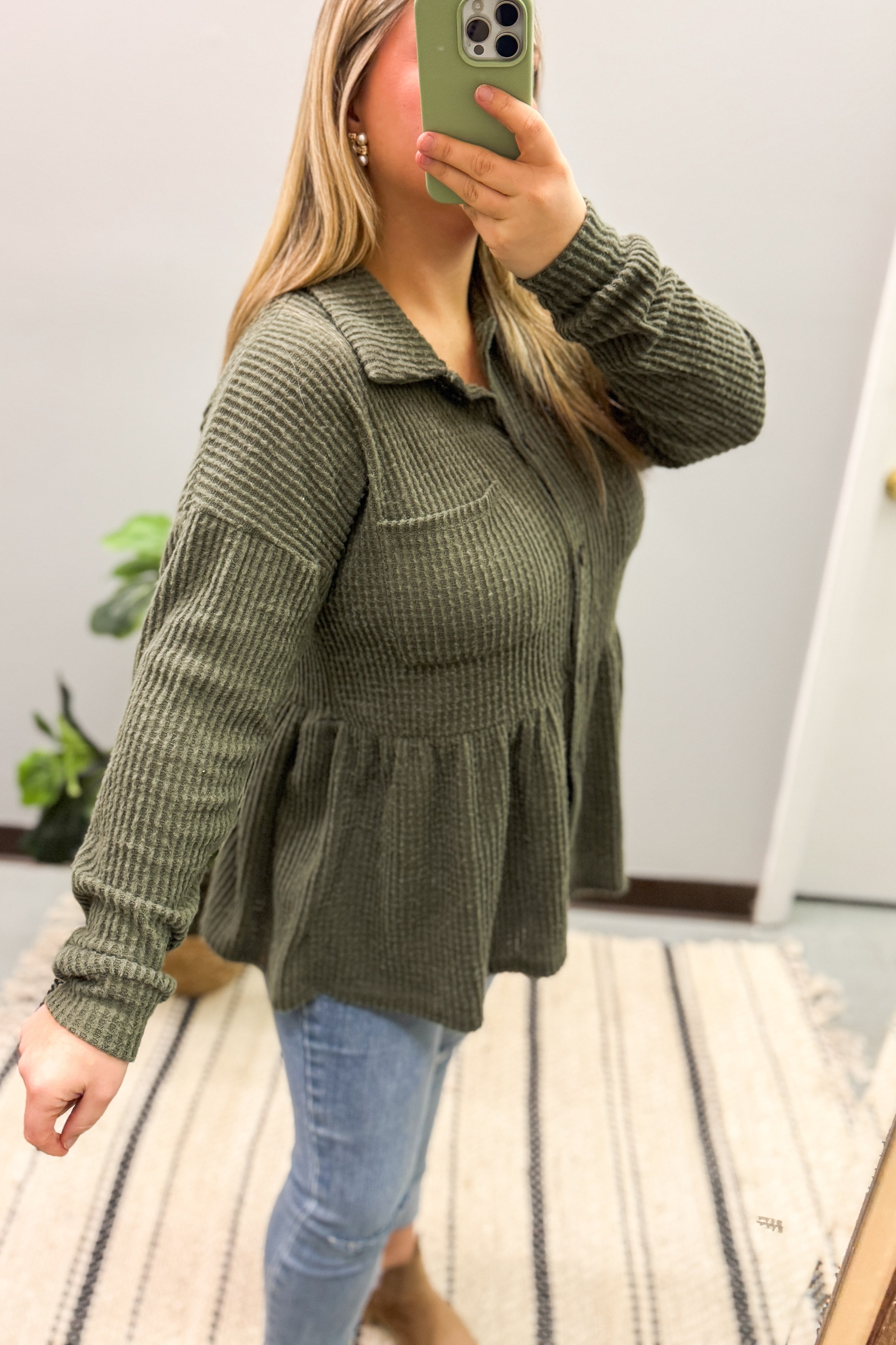 Fireside Festivities Waffle Knit Button Top