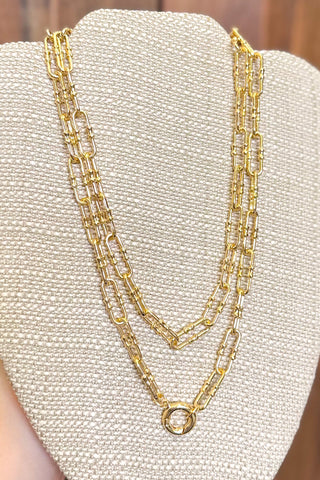 Layered Paper Clip Chain Link Necklace With Hinged Clip Clasp, Gold