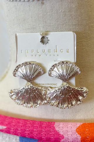 Linked Metal Fan Coral Drop Earrings With Pearl Details, Silver