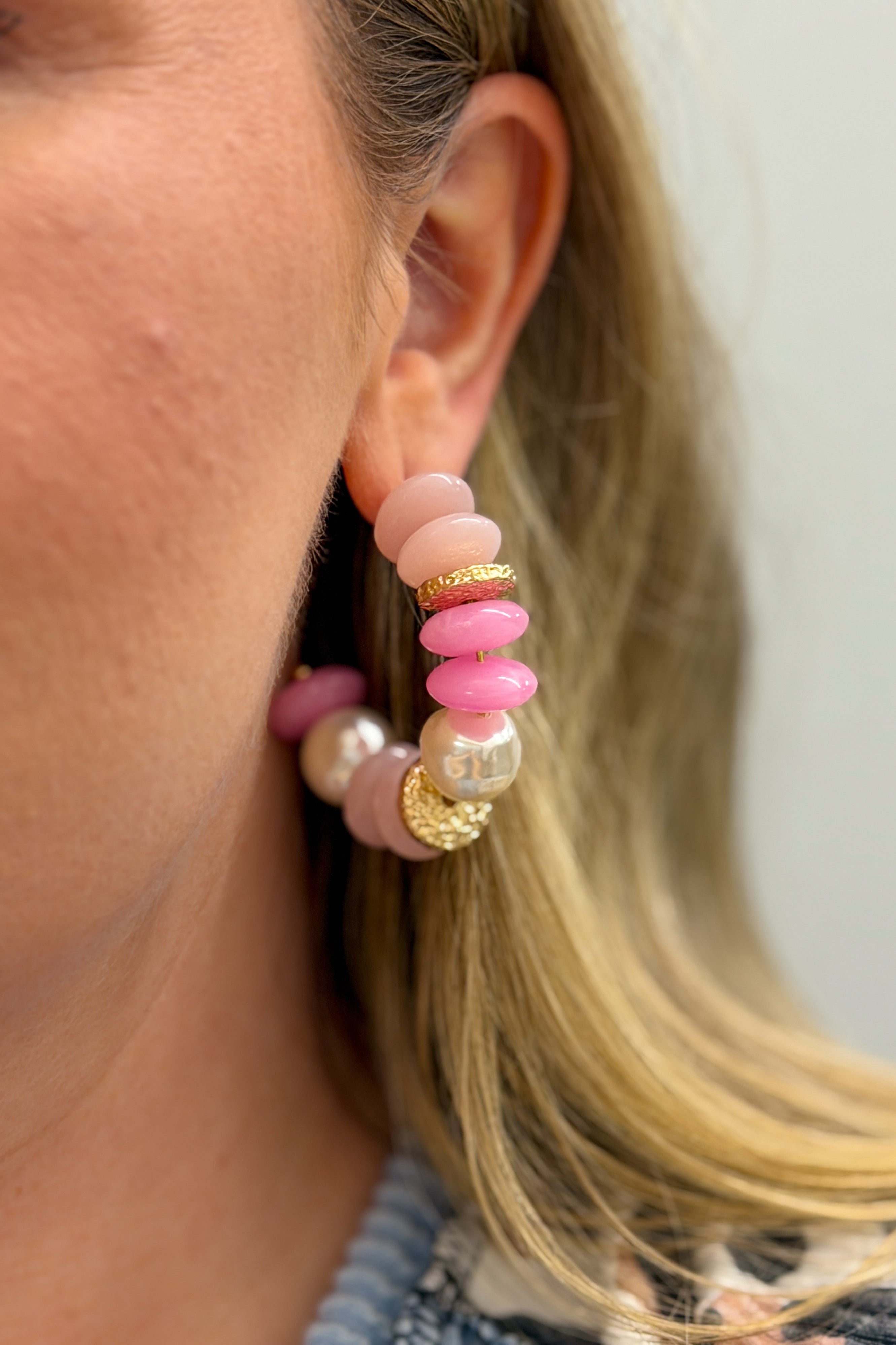Pearl & Color Rondelle Bead Hoops, Pink