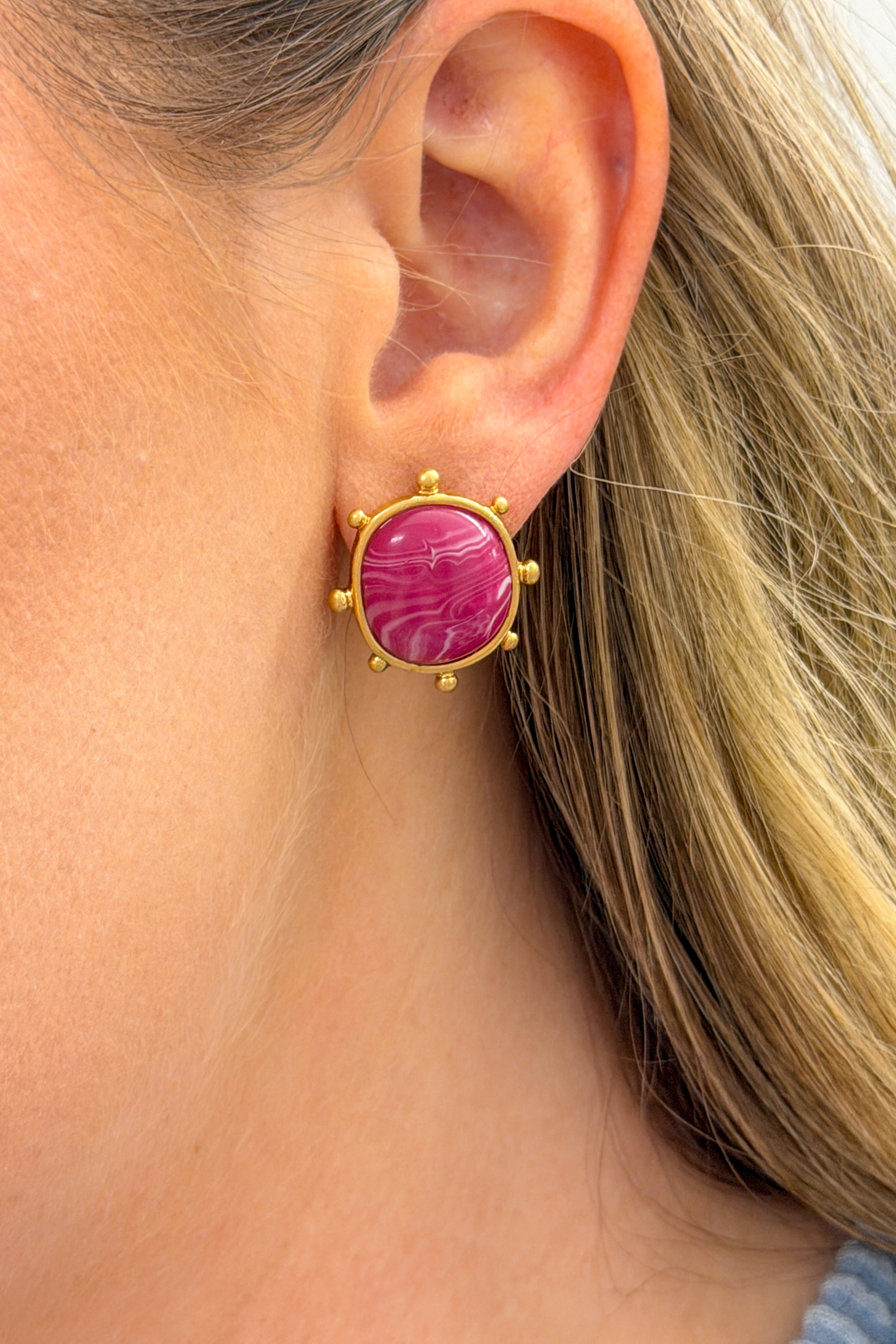 Organic Shape Stone Epoxy Earrings, Hot Pink/Gold