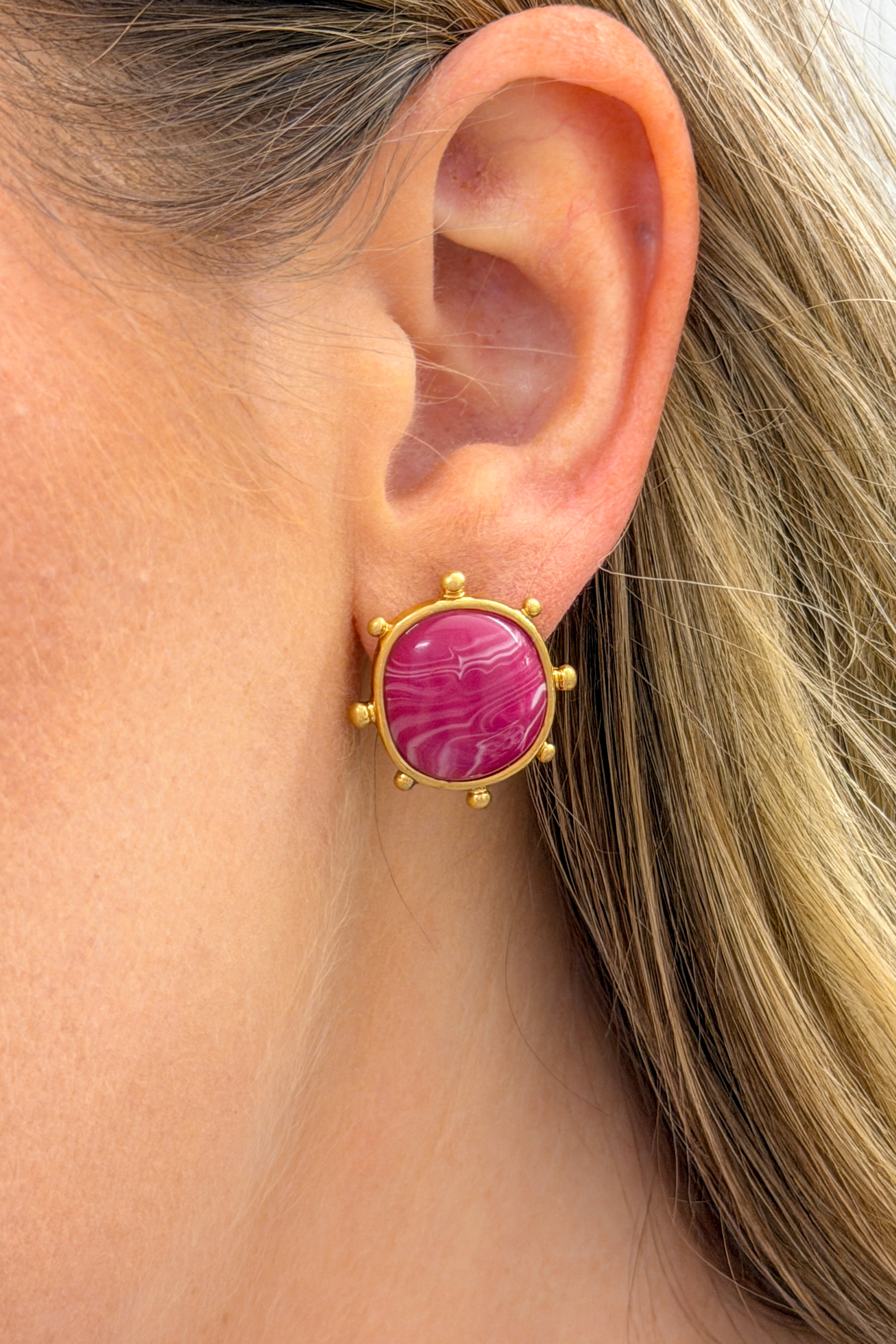 Organic Shape Stone Epoxy Earrings, Hot Pink/Gold