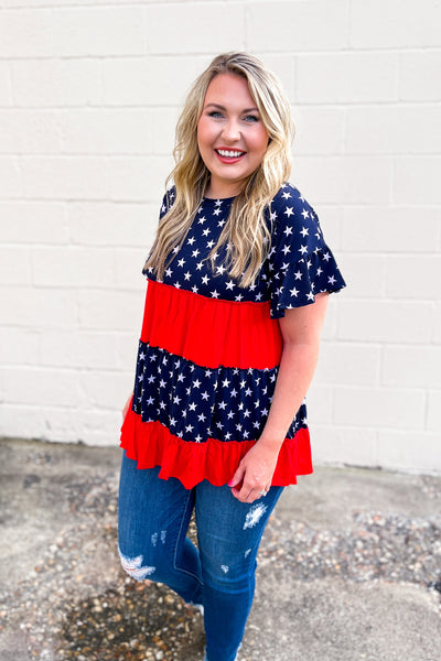 Sparks Fly Color Block Top, Navy Star